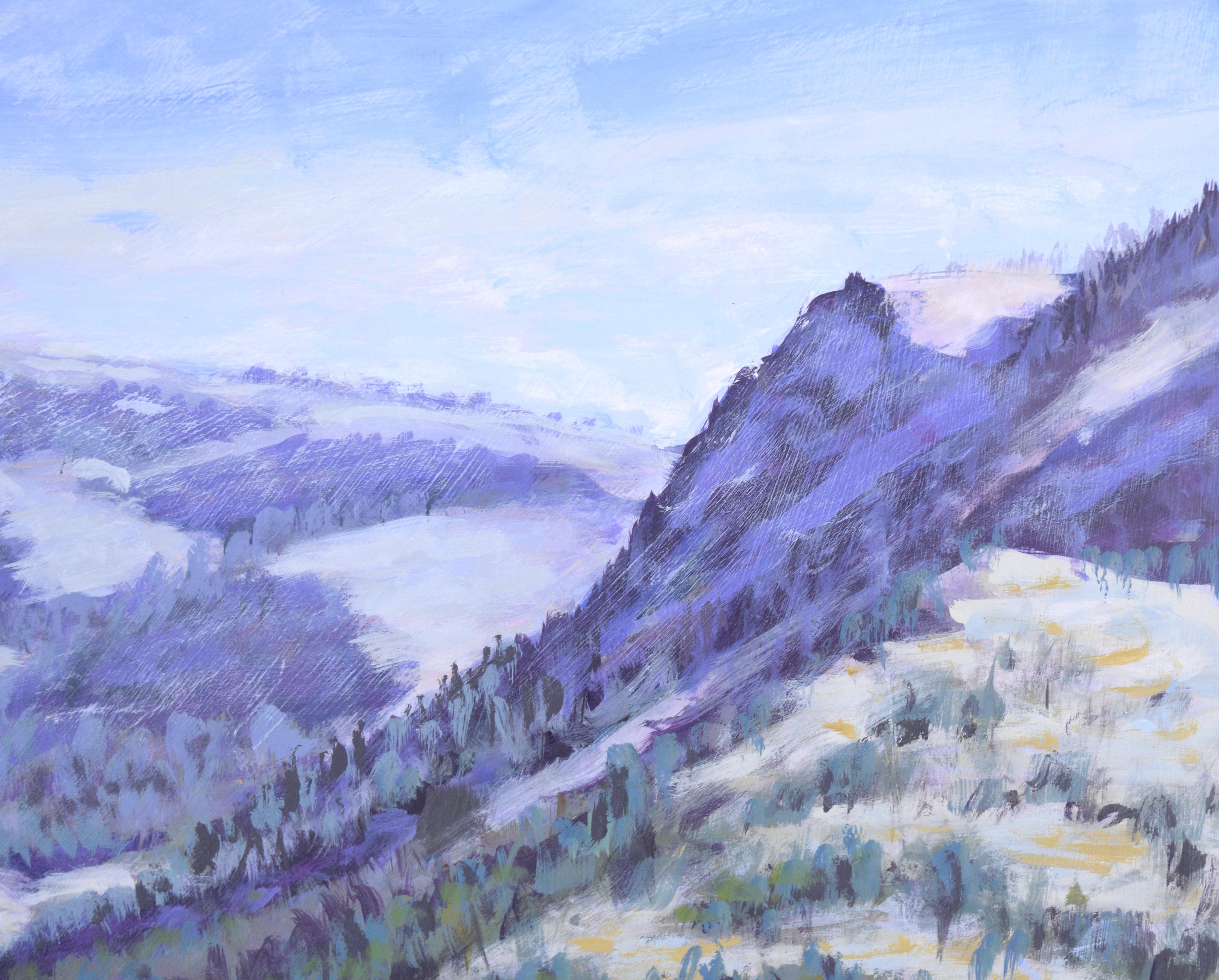 Lac de montagne - paysage en plein air acrylique sur panneau

Paysage de montagne luxuriant de l'artiste californien Plein Aire Nick Whiting (américain, 1943-2009). Le spectateur contemple une chaîne de montagnes couverte d'arbres à feuilles