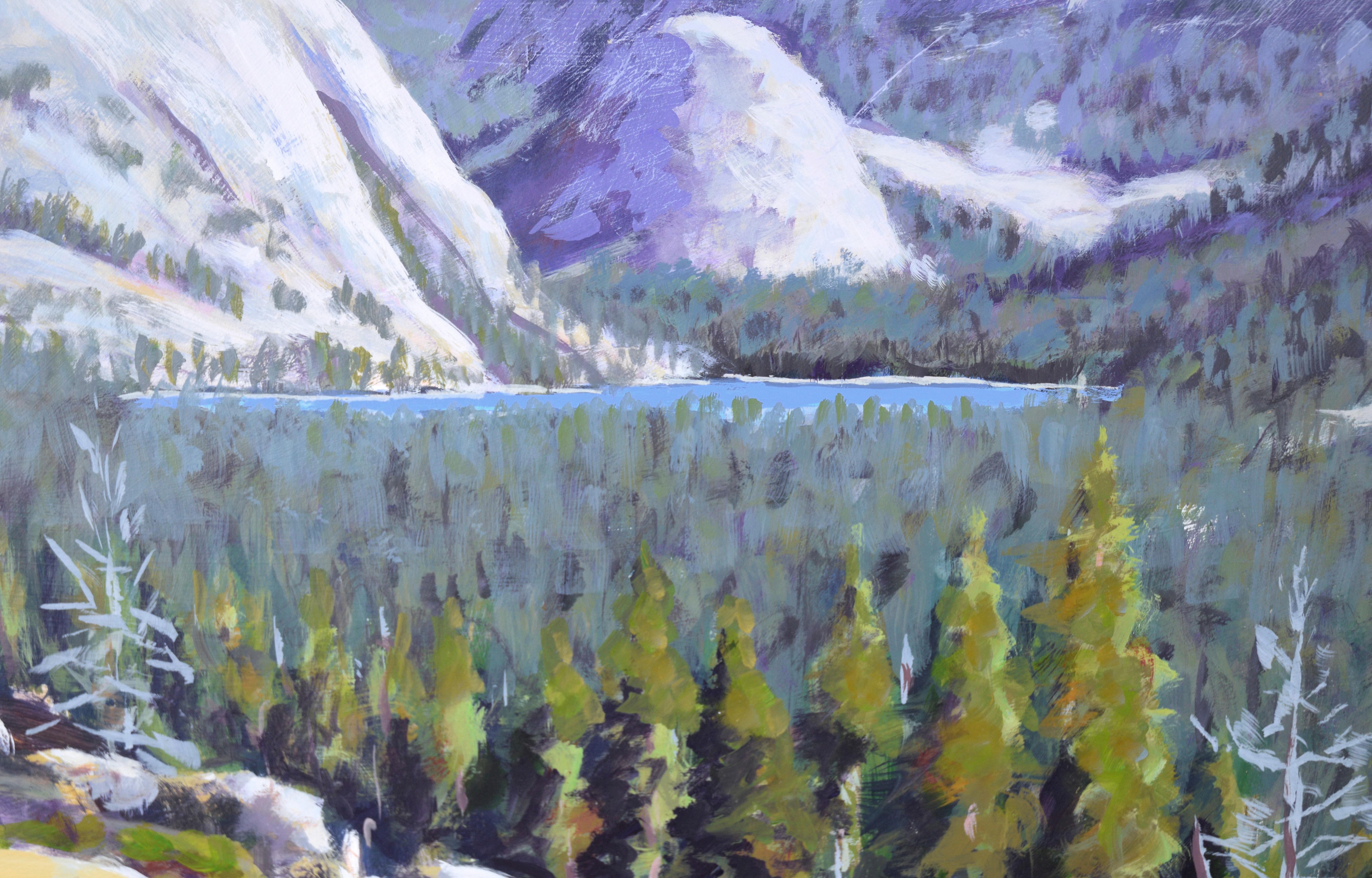 Lac de montagne - paysage en plein air acrylique sur panneau en vente 2