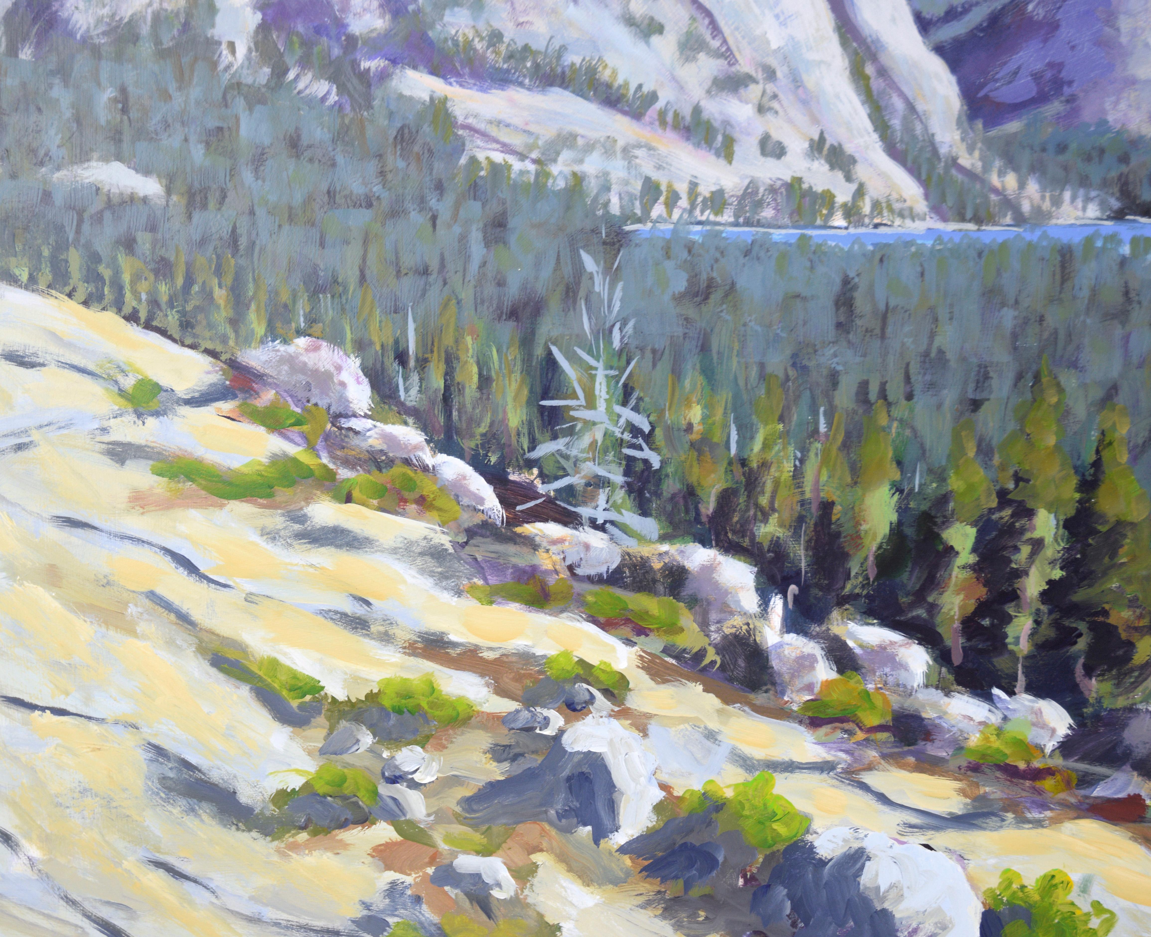 Lac de montagne - paysage en plein air acrylique sur panneau en vente 3