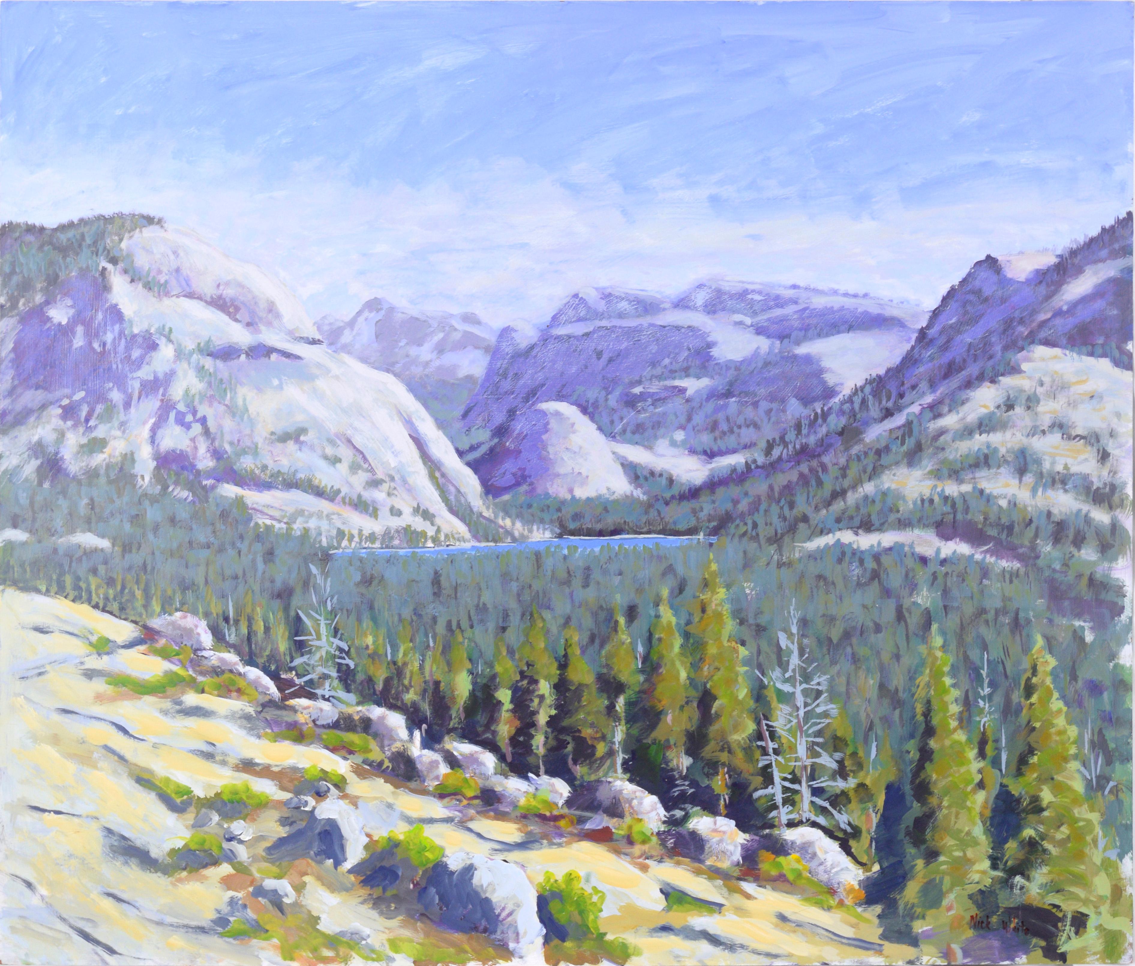 Landscape Painting Nick White - Lac de montagne - paysage en plein air acrylique sur panneau