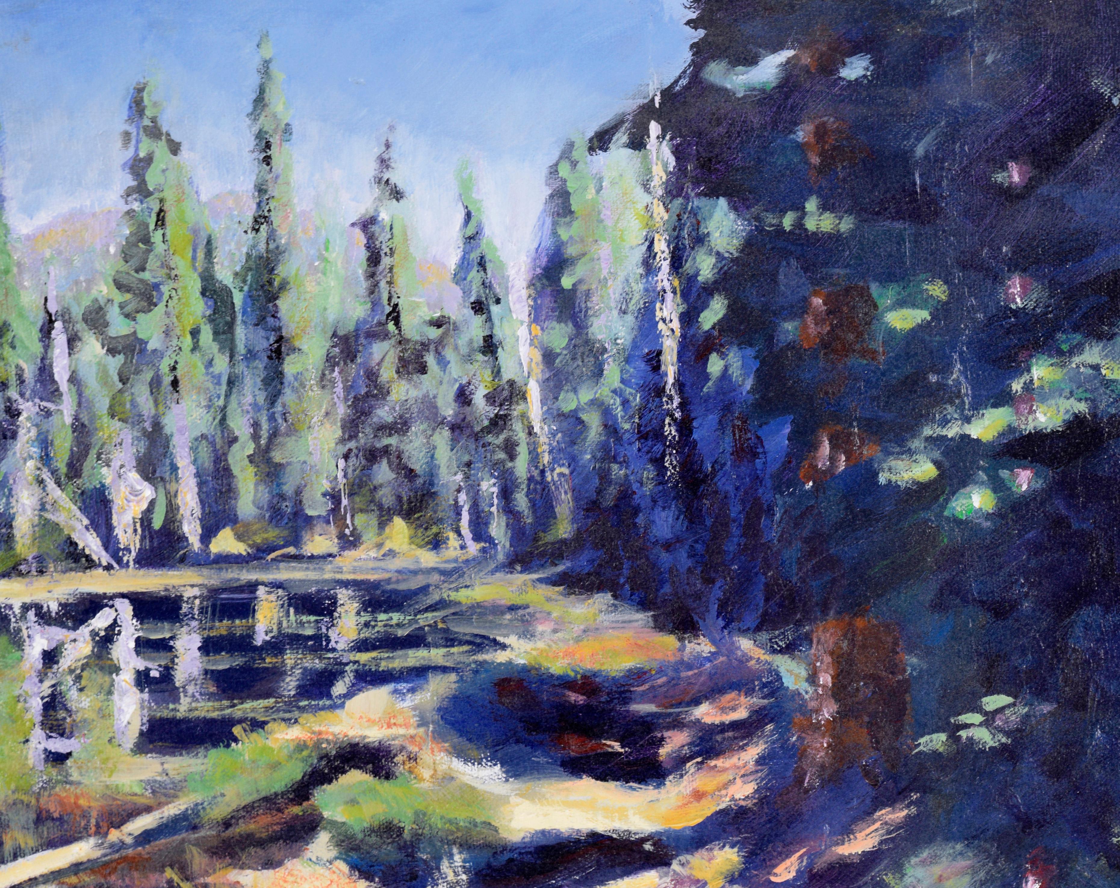 Mt. Lassen Lake - Plein Aire Landscape in Acrylic on Canvas For Sale 1