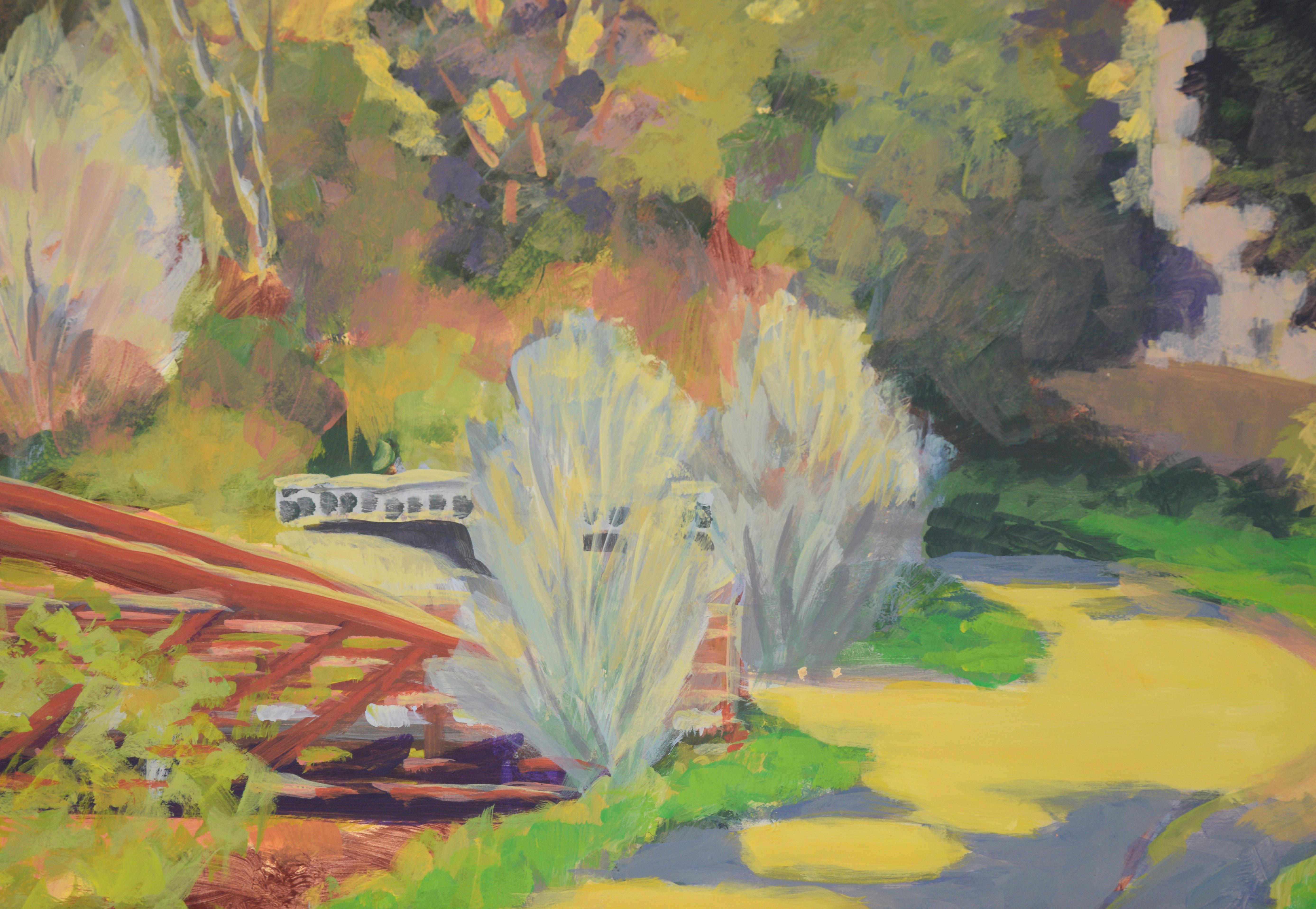 « Red Bridge In Park » - 2005 Acrylique originale sur panneau - Impressionnisme américain Painting par Nick White