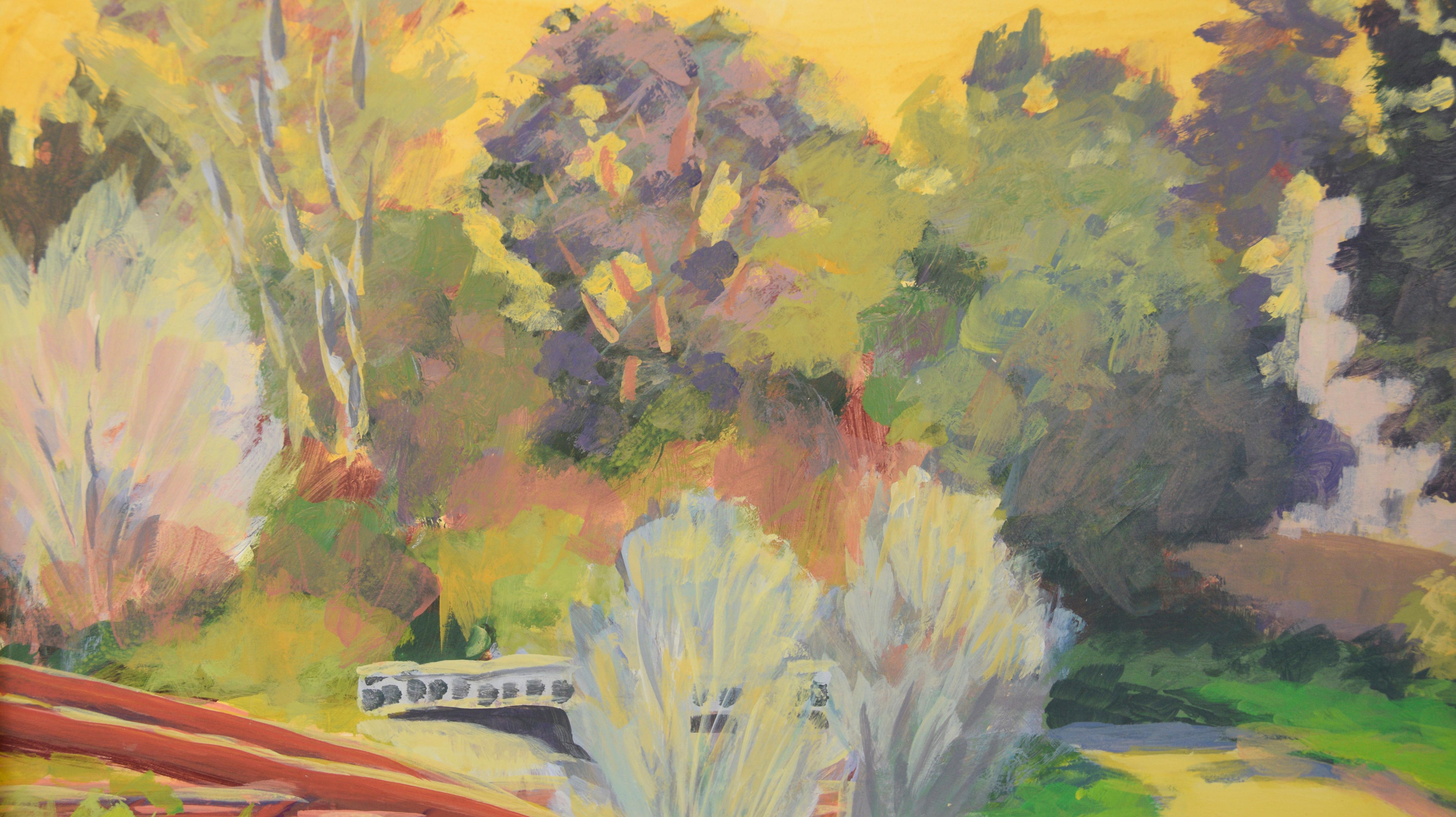 « Red Bridge In Park » - 2005 Acrylique originale sur panneau

Paysage vibrant représentant un pont rouge dans un parc par l'artiste californien Plein Aire Nick White (américain, 1943-2009). Un pont rouge est représenté à gauche de la toile, entouré