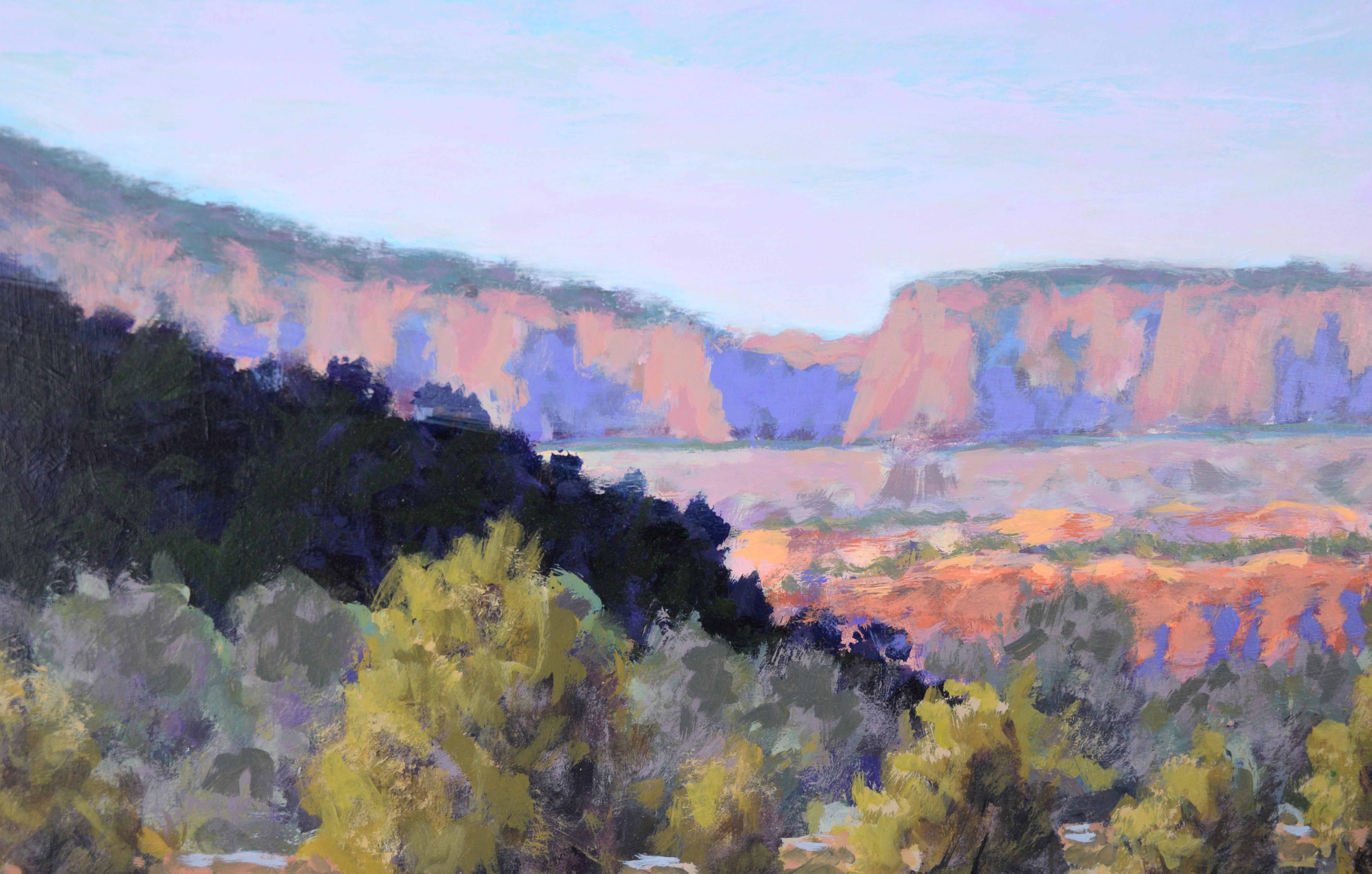 Red Cliffs in the Desert - Western Plein Aire Landscape in Acrylic on Board - Blue Animal Painting by Nick White