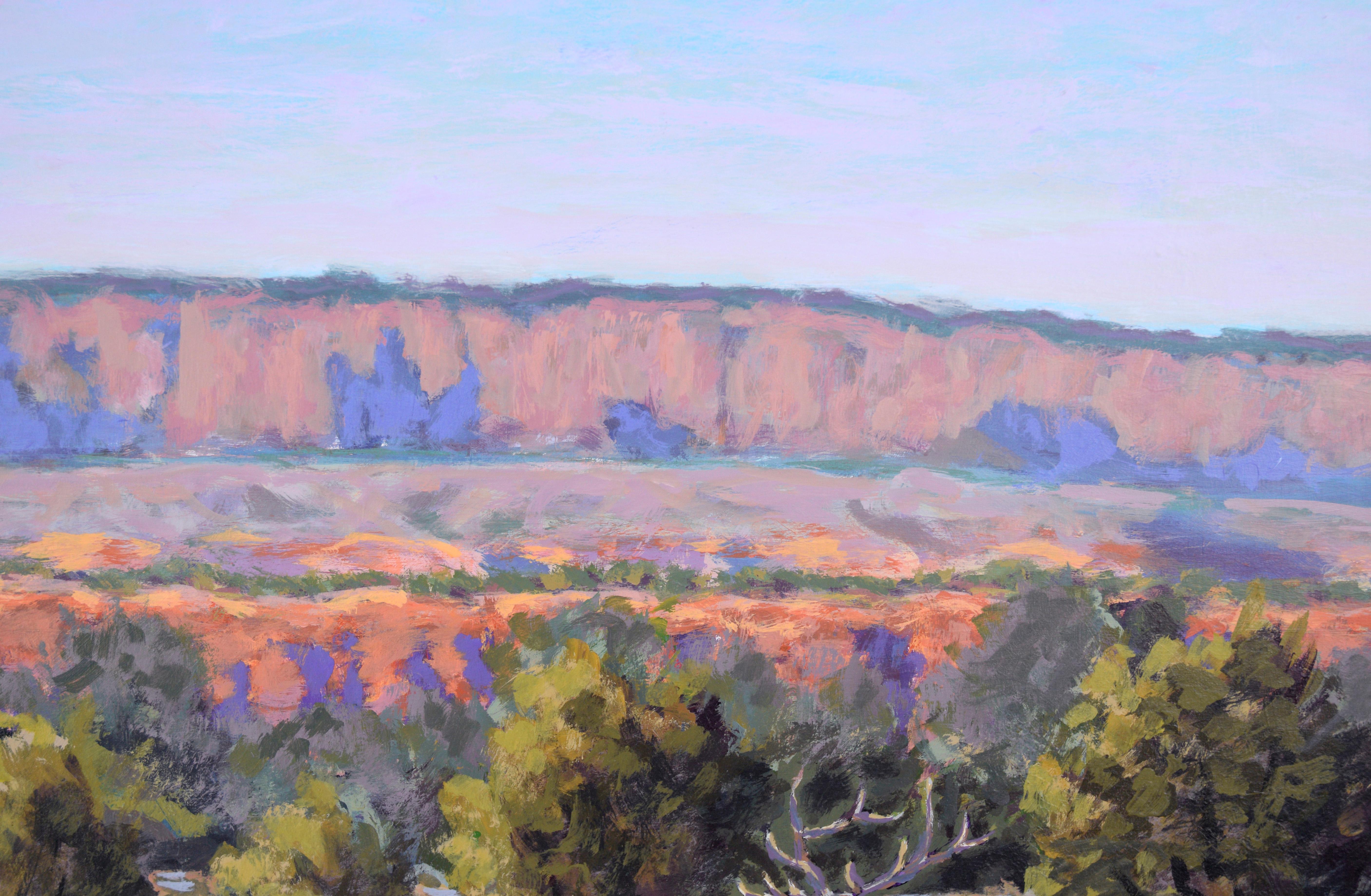 Red Cliffs in the Desert - Western Plein Aire Landscape in Acrylic on Board

Vibrant desert landscape by California Plein Aire artist Nick White (American, 1943-2009). In the foreground, there is a line of dense shrubs. Off to the right, there is an