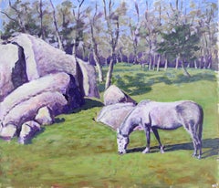 Granja roja en un viñedo - Caballo en un prado rocoso al revés Acrílico sobre tabla