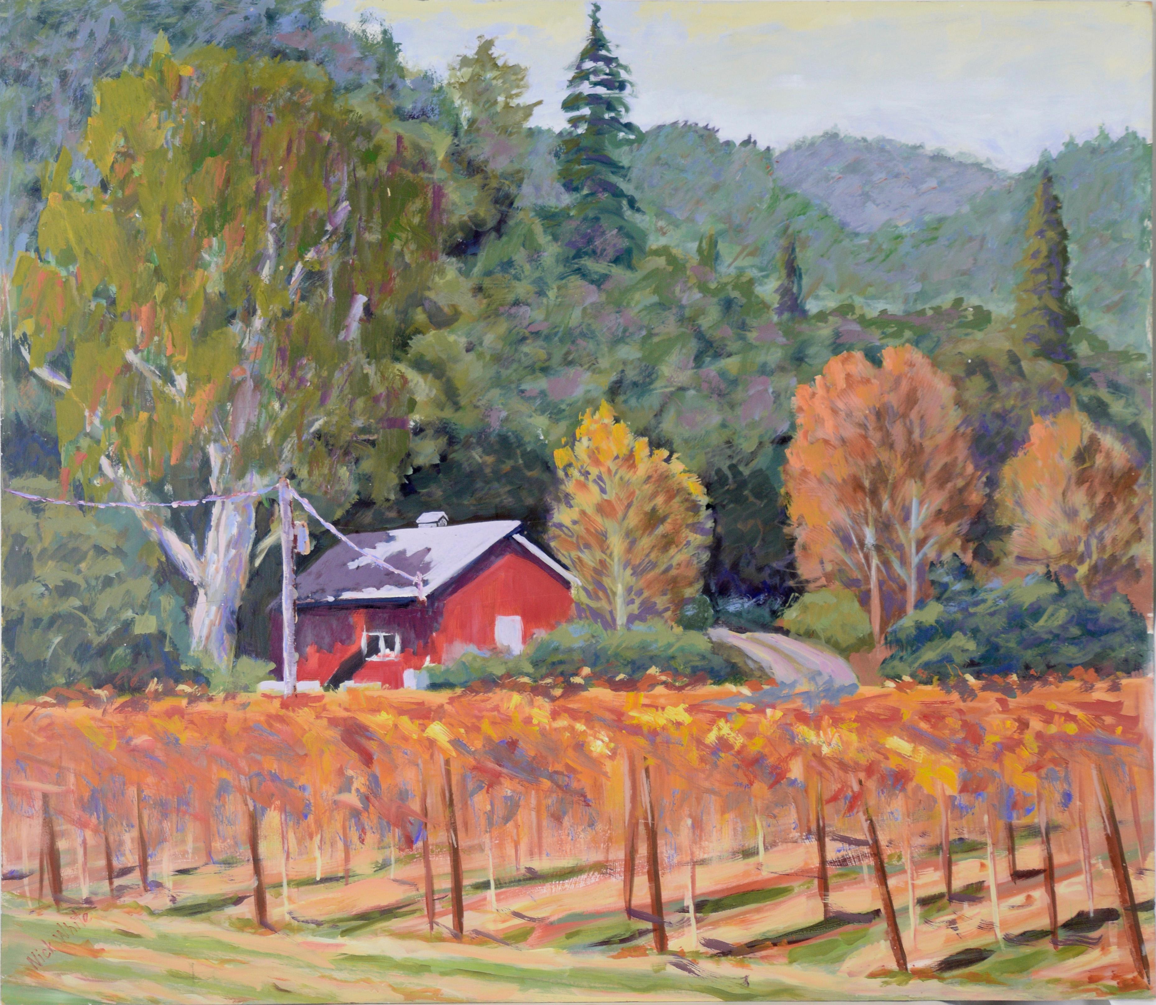 Nick White Animal Painting - Red Farmhouse in a Vineyard - Horse in Rocky Meadow on Reverse Acrylic on Board
