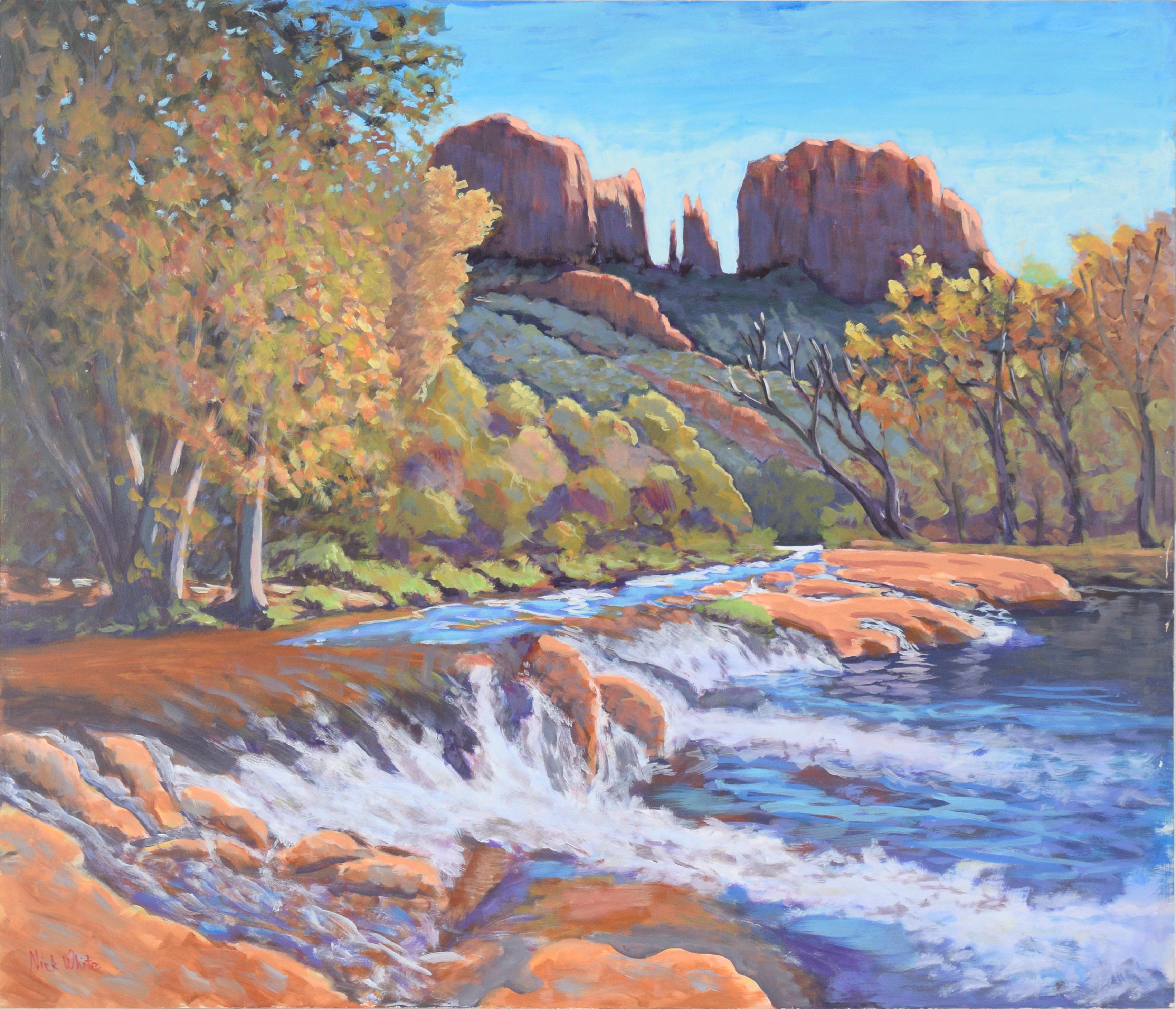 Nick White Landscape Painting – River in the Desert – Western Plein Aire-Landschaft aus Acryl auf Karton