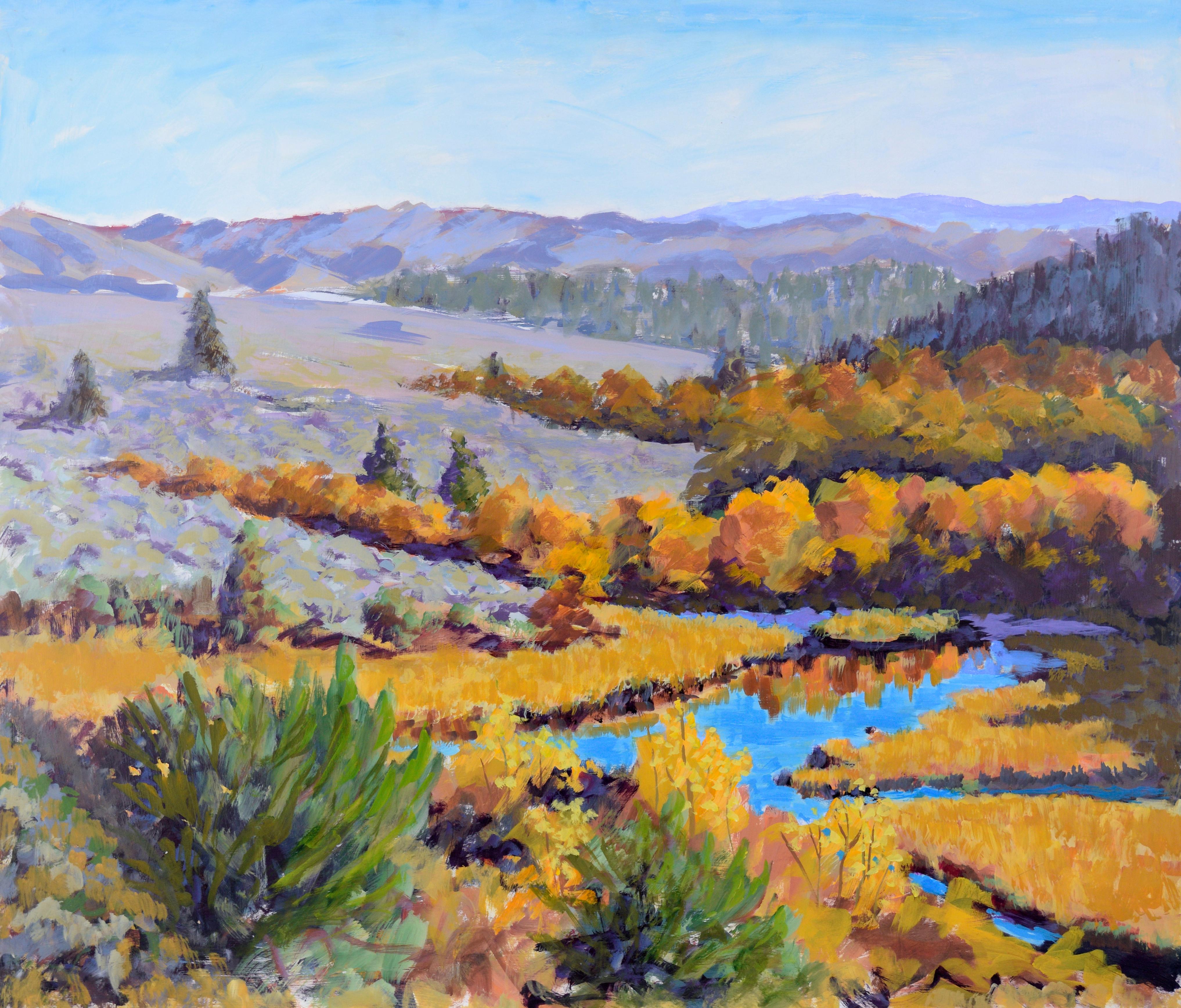 Nick White Landscape Painting - River on the Autumn Plains - Acrylic on Board with Double-Sided Art