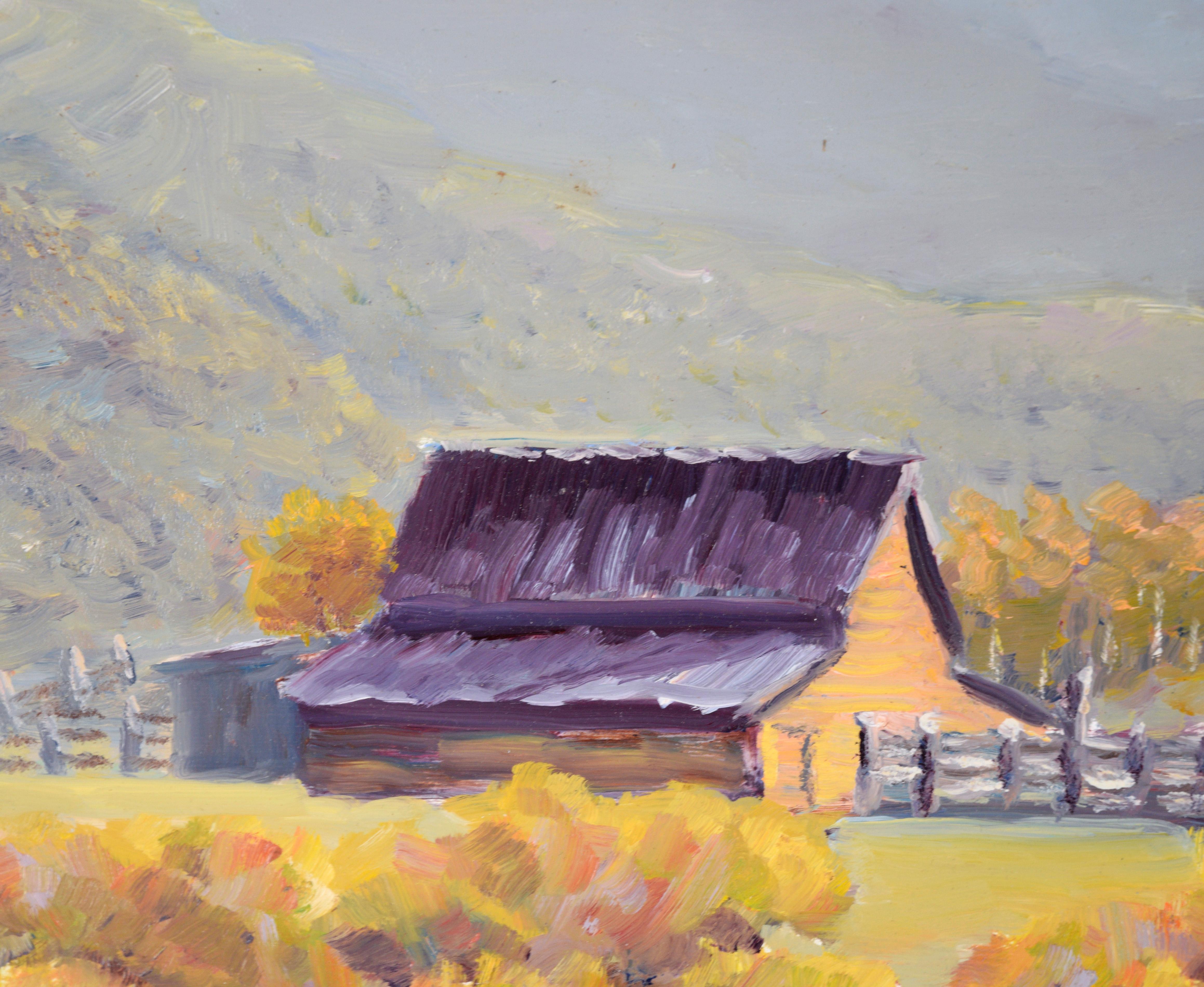 Wyoming Barn - Plein Aire Landscape in Oil on Masonite - Painting by Nick White
