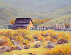 Wyoming Barn - Paysage Plein Air à l'huile sur Masonite