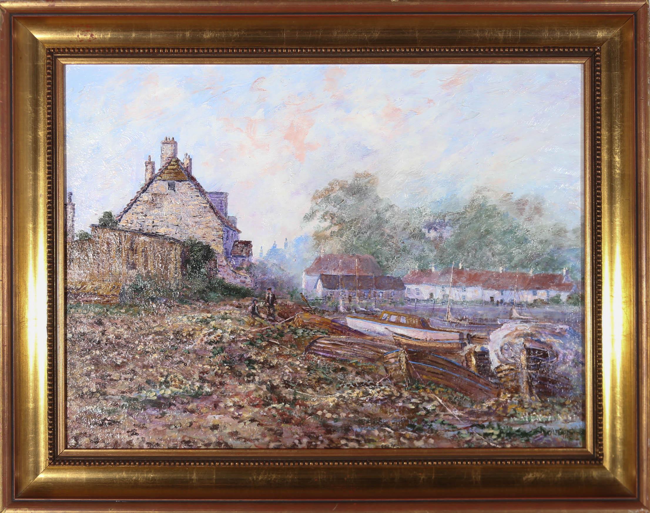 A charming scene depicting a pebbled dock with fishing boats beached along the shore. The bank is surrounded by quaint cottages and fishermen preparing nets. Signed indistinctly to the lower right. Presented in a gilt frame. On board.
