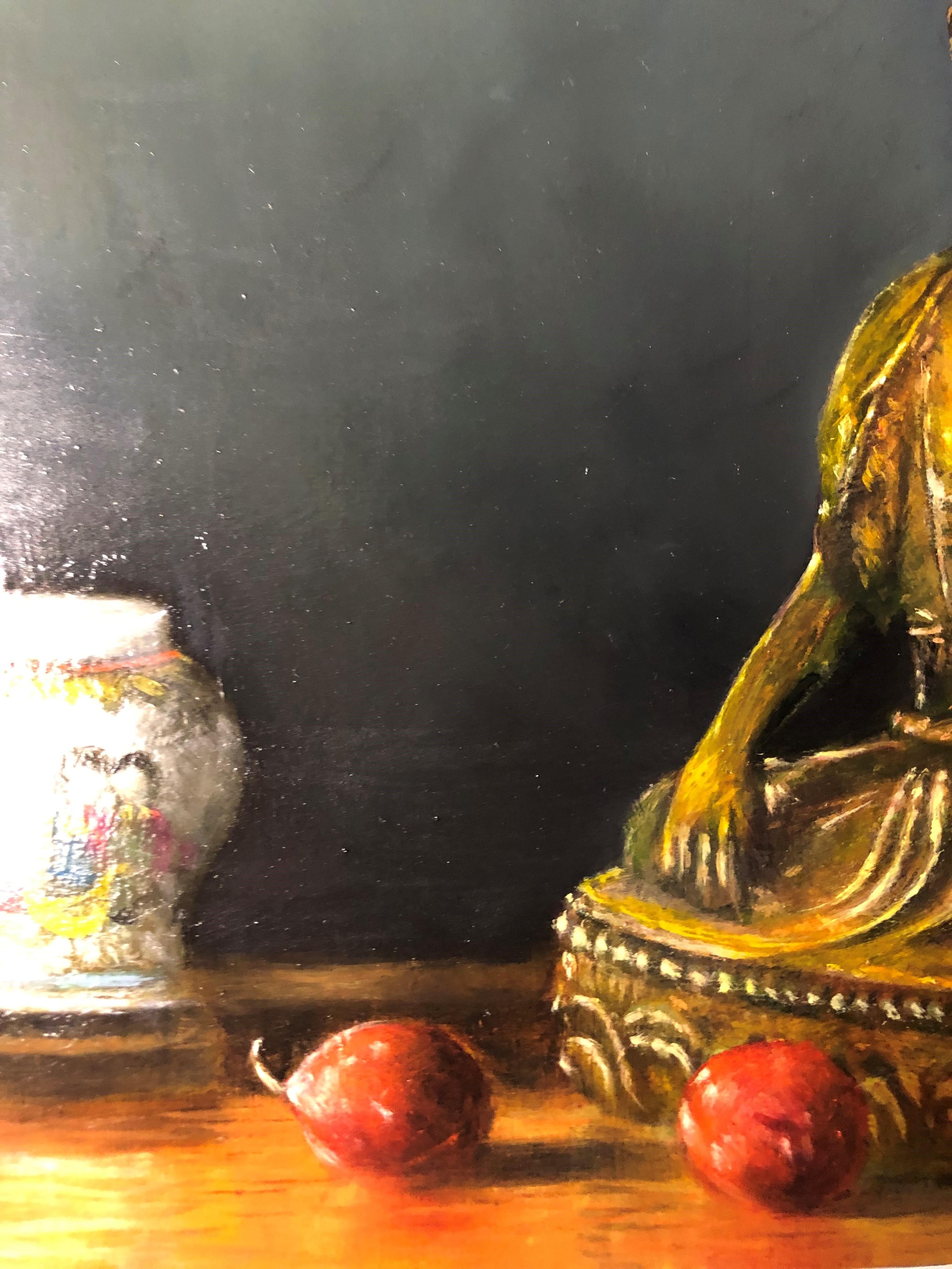 Asian Vase and Passionfruit by Nick Young is a still life study of objects. The painter captures the brass tones of the statues and contrasts them to the white porcelain. The painting strays from the traditional still life subject but maintains tone