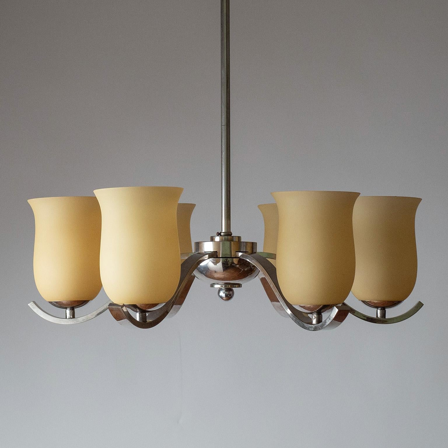 Metà XX secolo Lampadario in nichel e vetro ambrato, anni '30 in vendita