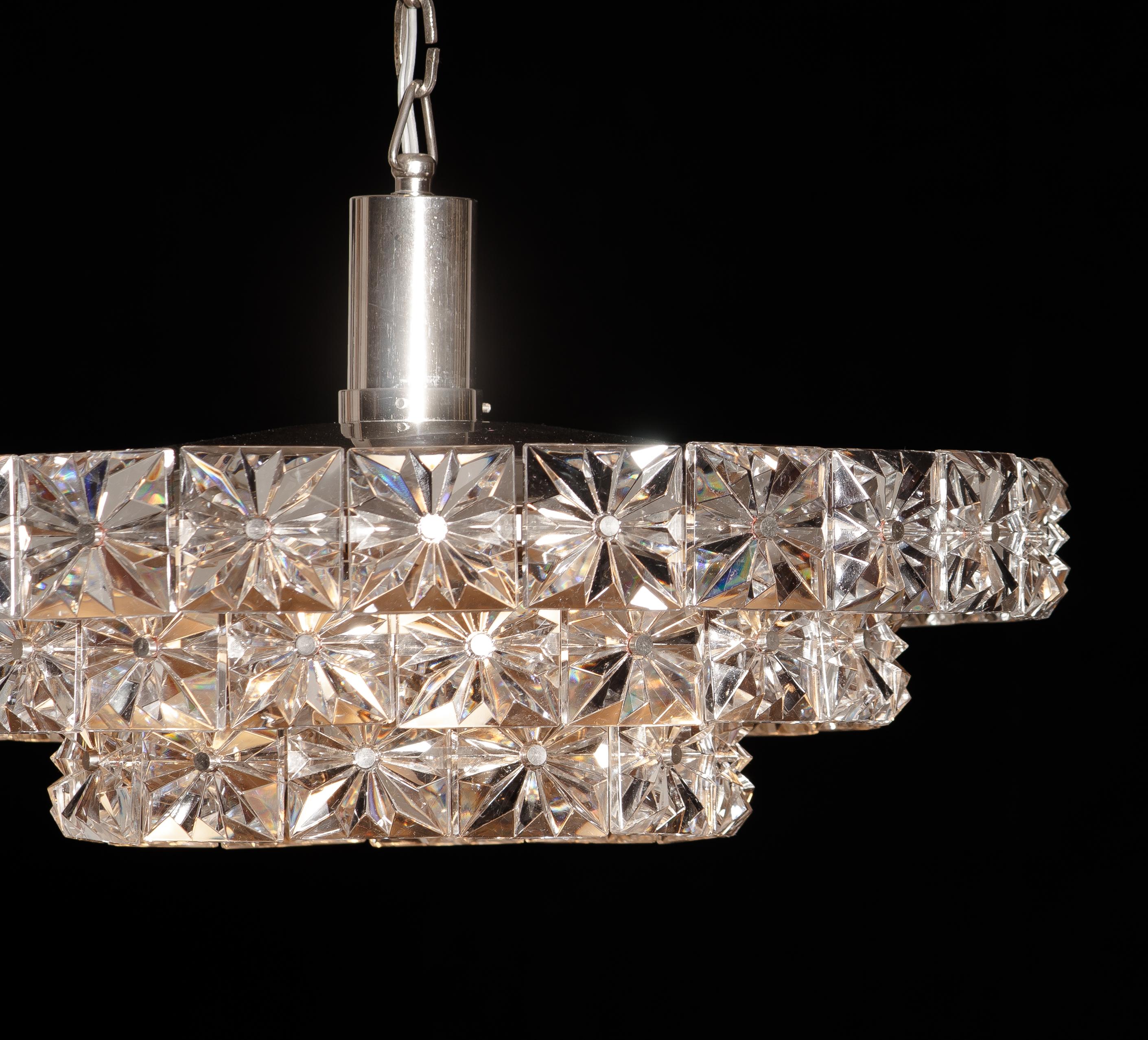 Mid-20th Century Nickel and Chrome Three-Tier Clear Crystal Chandelier or Pendant by Kinkeldey
