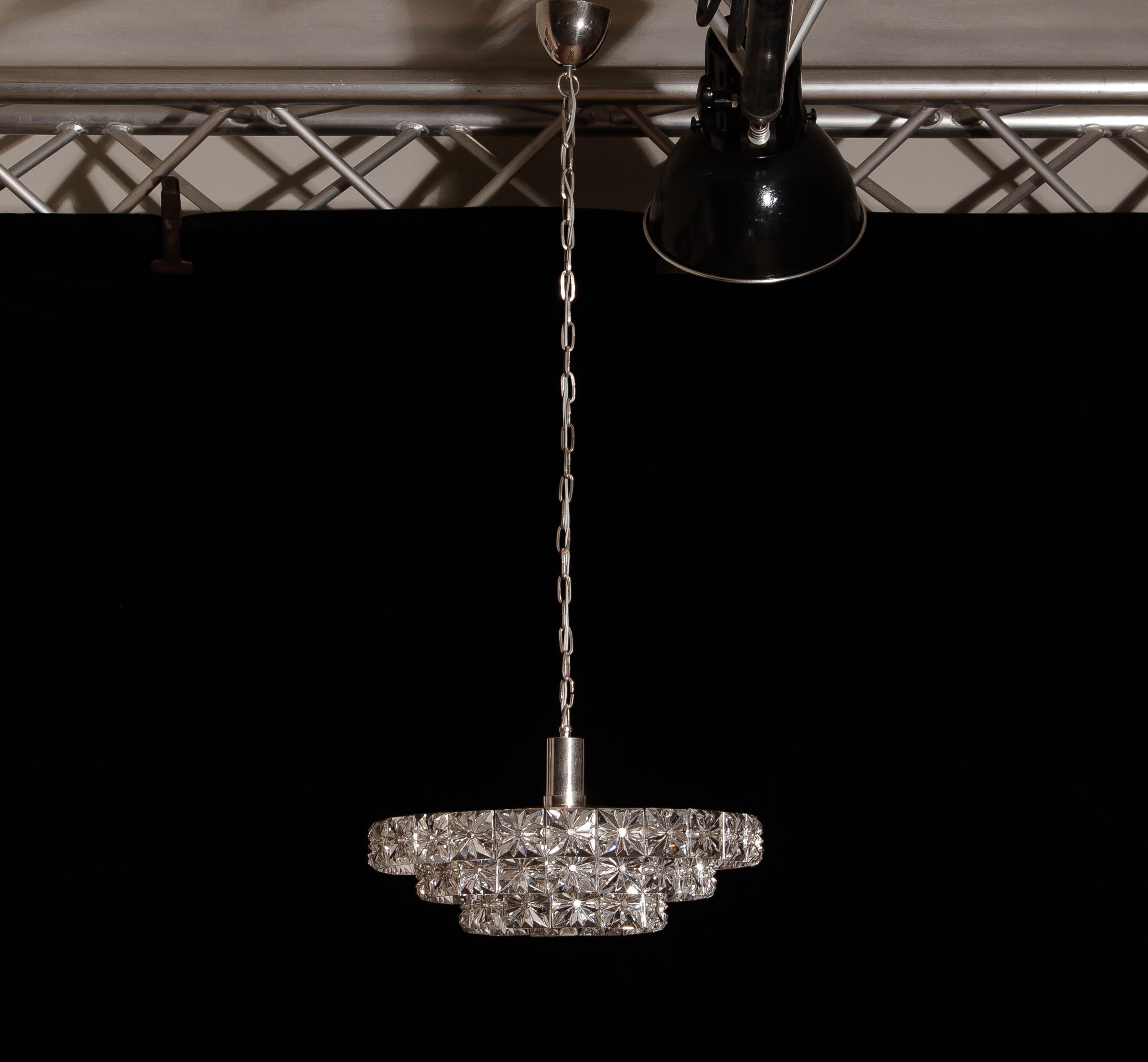 Mid-20th Century Nickel and Chrome Three-Tier Clear Crystal Chandelier / Pendant by Kinkeldey