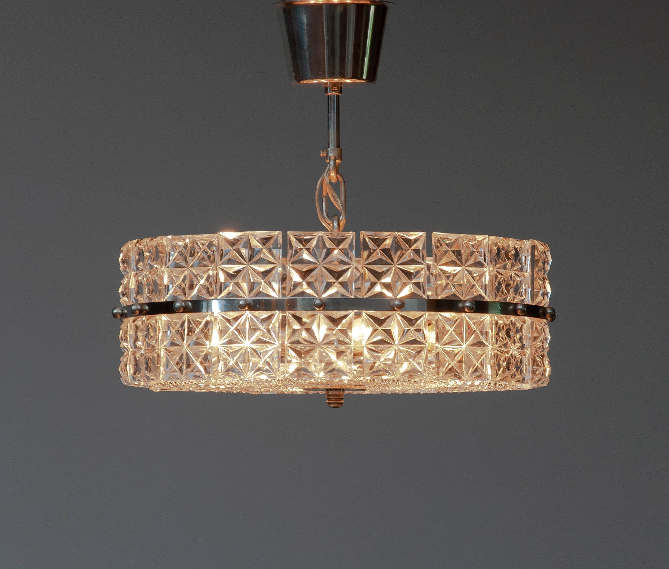 Mid-Century Modern Nickel and Clear Faceted Crystal Pendant / Flush Mount by Kinkeldey 1950s For Sale