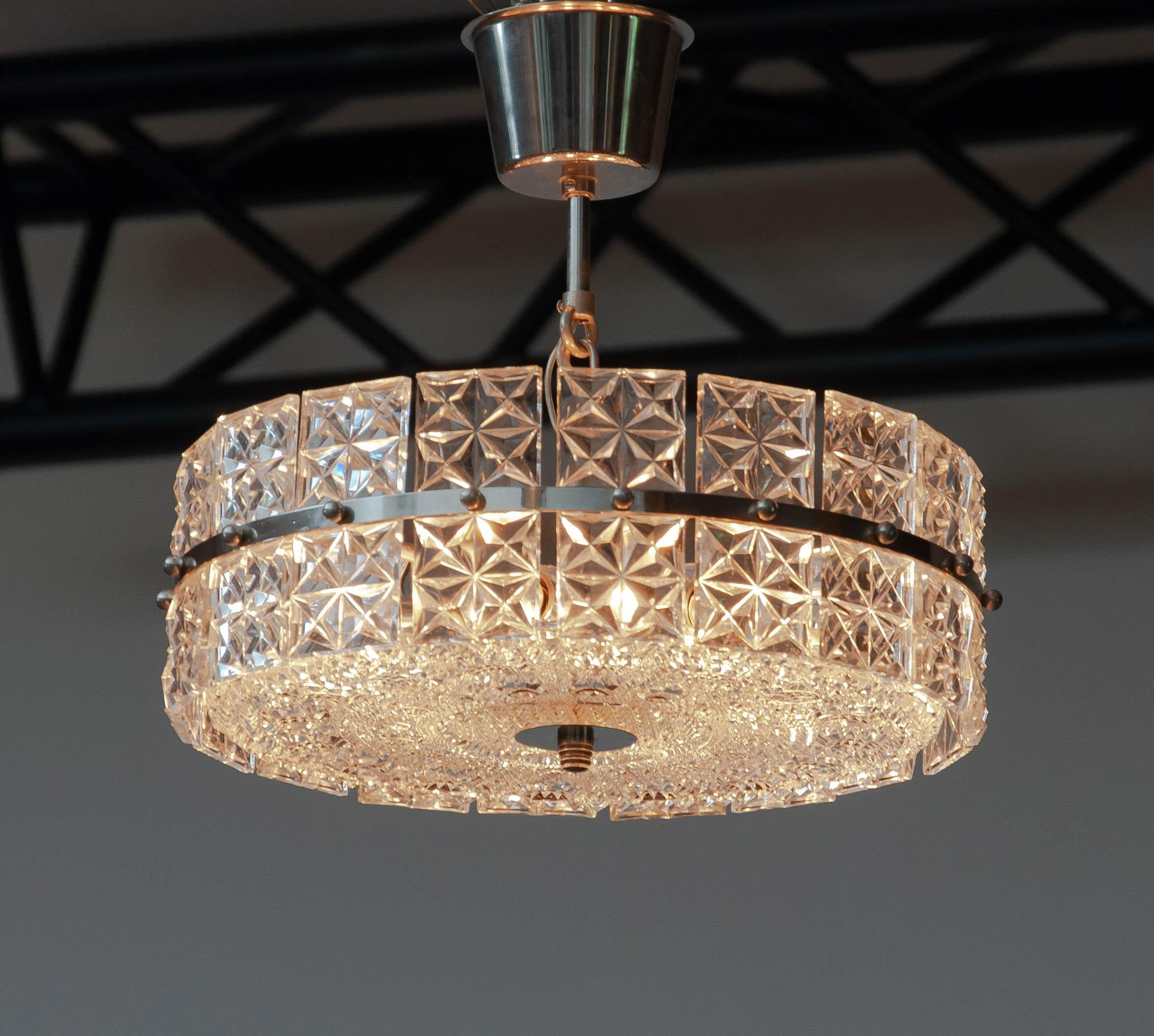 German Nickel and Clear Faceted Crystal Pendant / Flush Mount by Kinkeldey 1950s For Sale