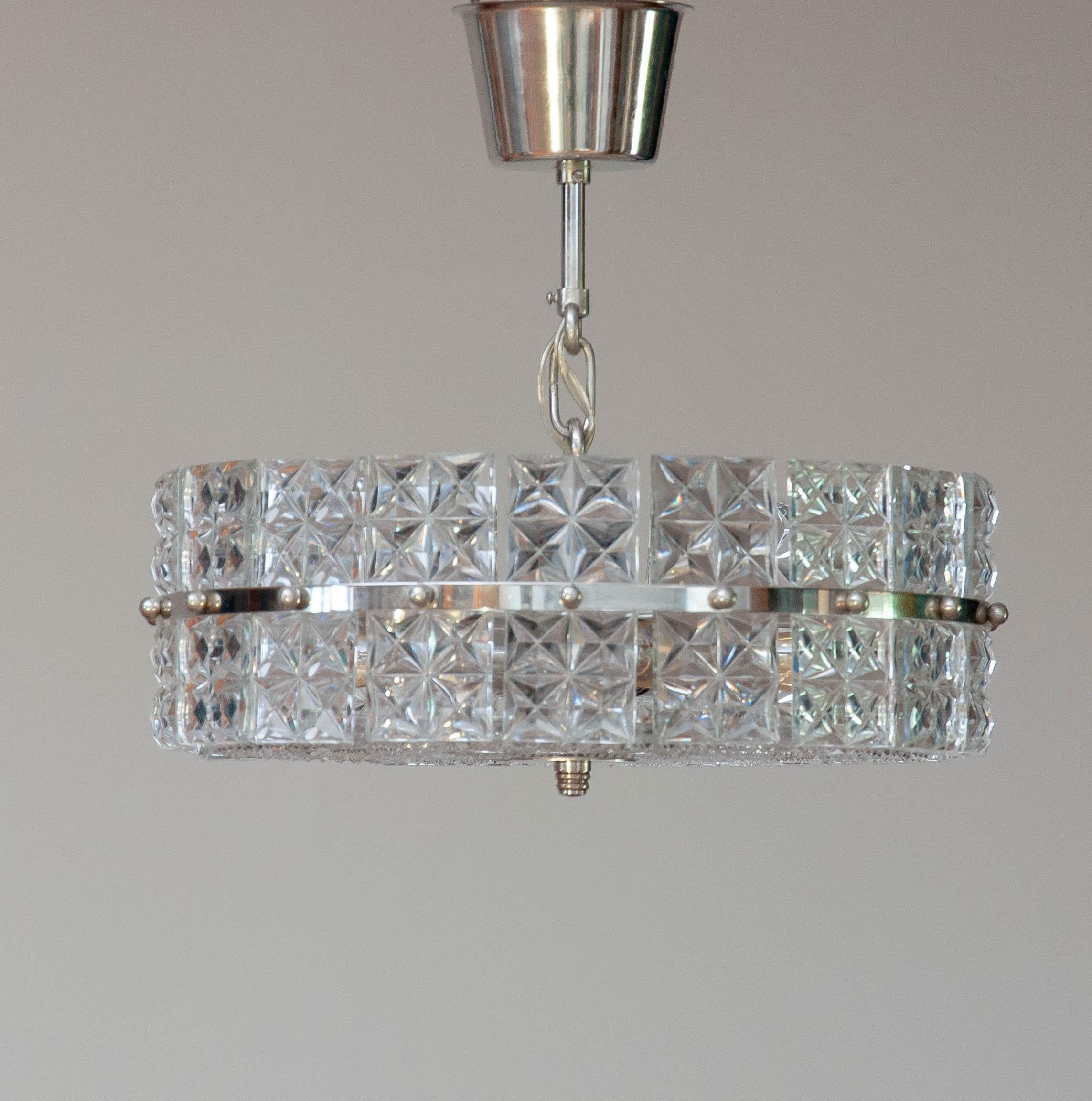 Nickel and Clear Faceted Crystal Pendant / Flush Mount by Kinkeldey 1950s For Sale 1