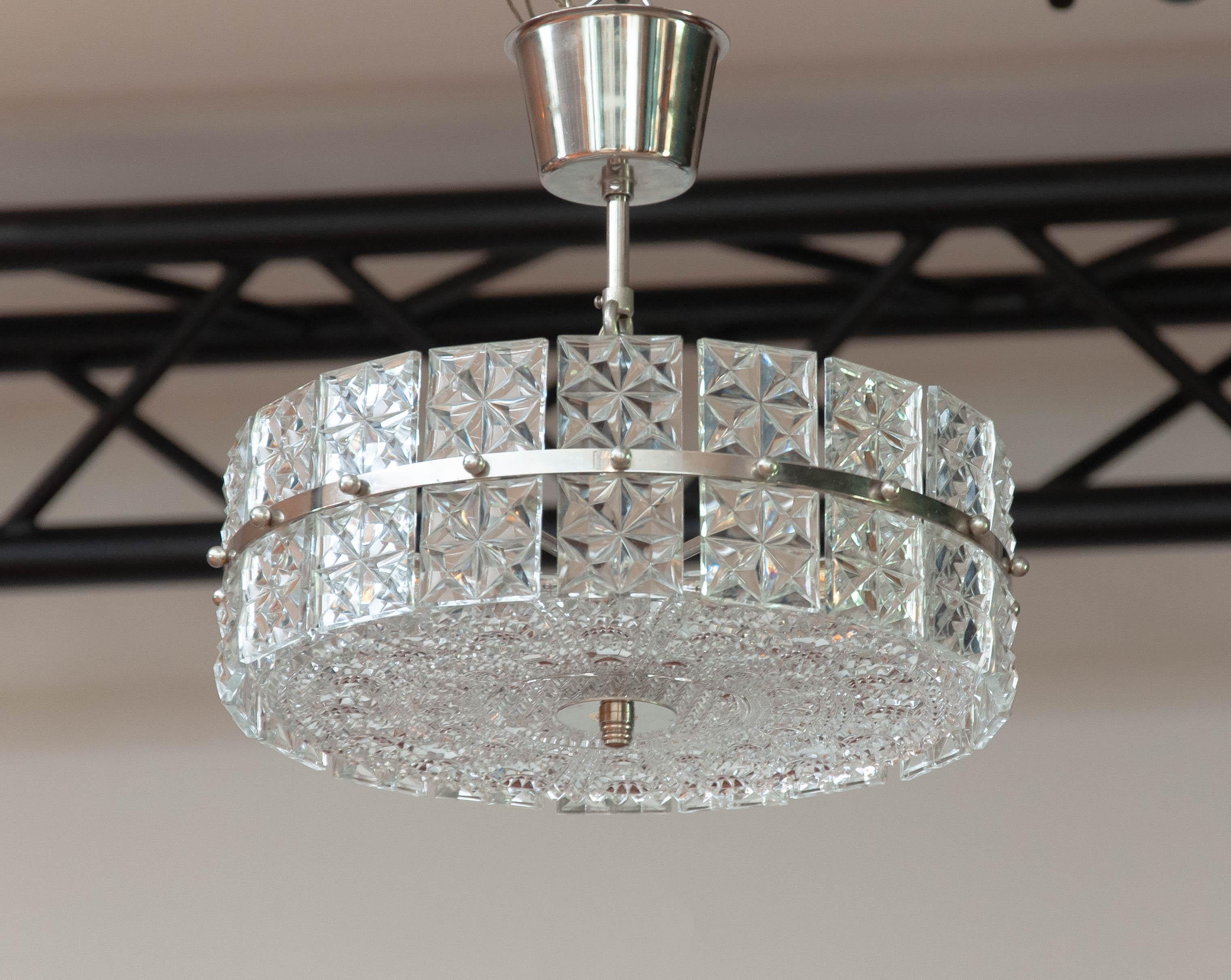 Nickel and Clear Faceted Crystal Pendant / Flush Mount by Kinkeldey 1950s For Sale 2