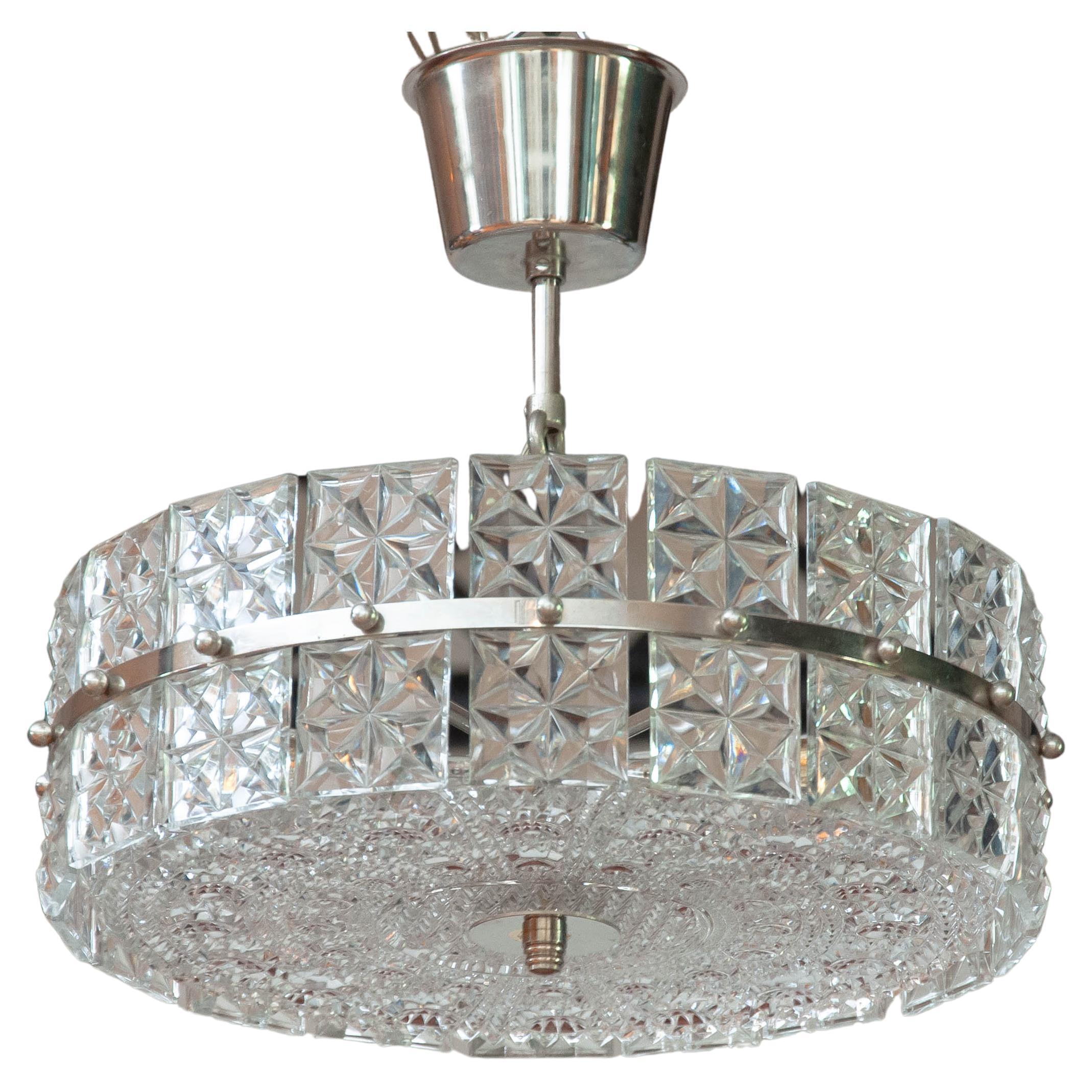 Nickel and Clear Faceted Crystal Pendant / Flush Mount by Kinkeldey 1950s
