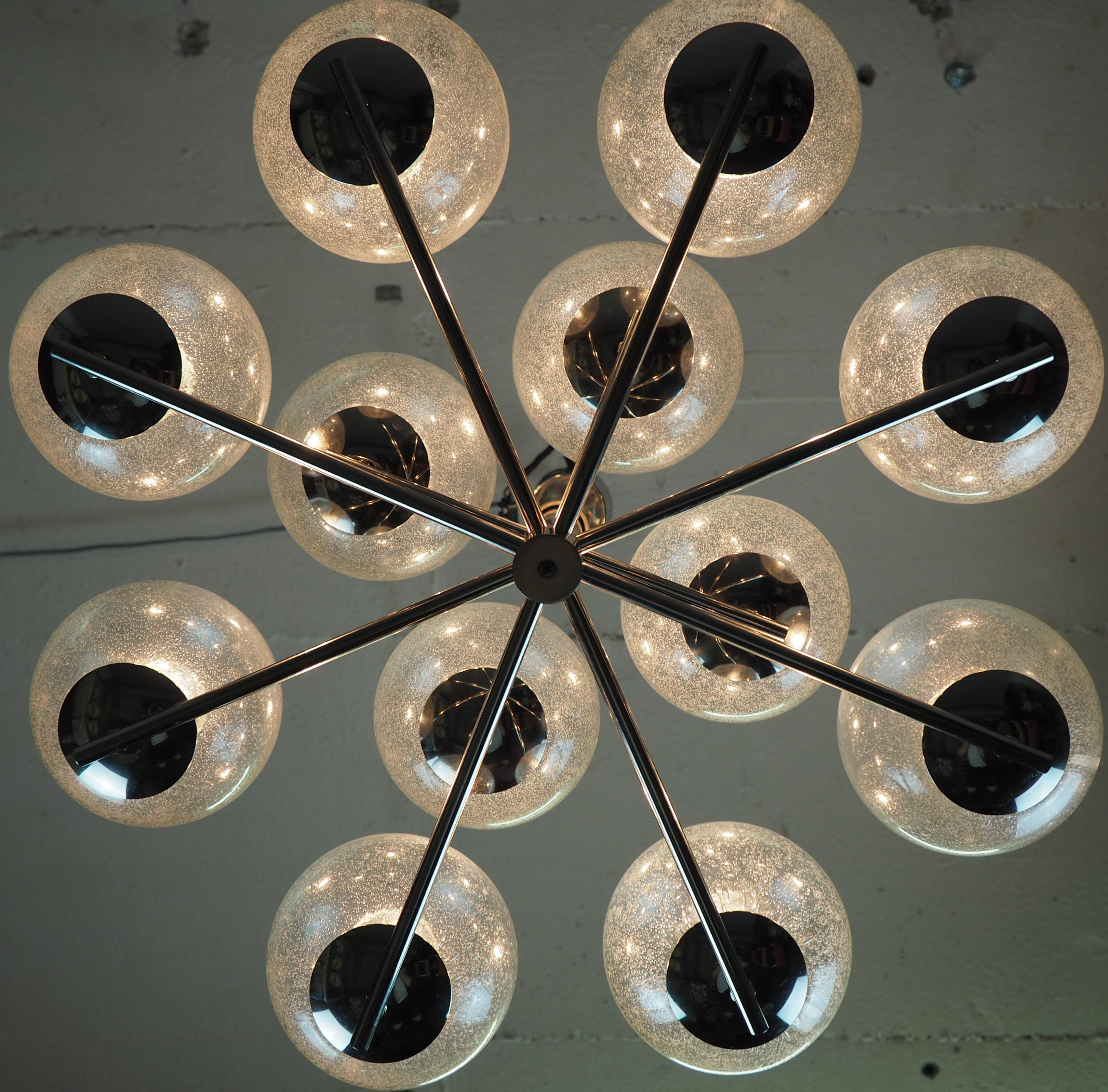 Nickel and Glass Globe Chandelier by Glashütte Limburg, Germany, circa 1970s For Sale 3