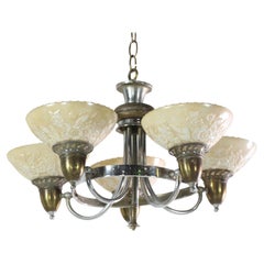 Lustre Art Déco en laiton nickelé à 5 lumières, abat-jour en verre floral