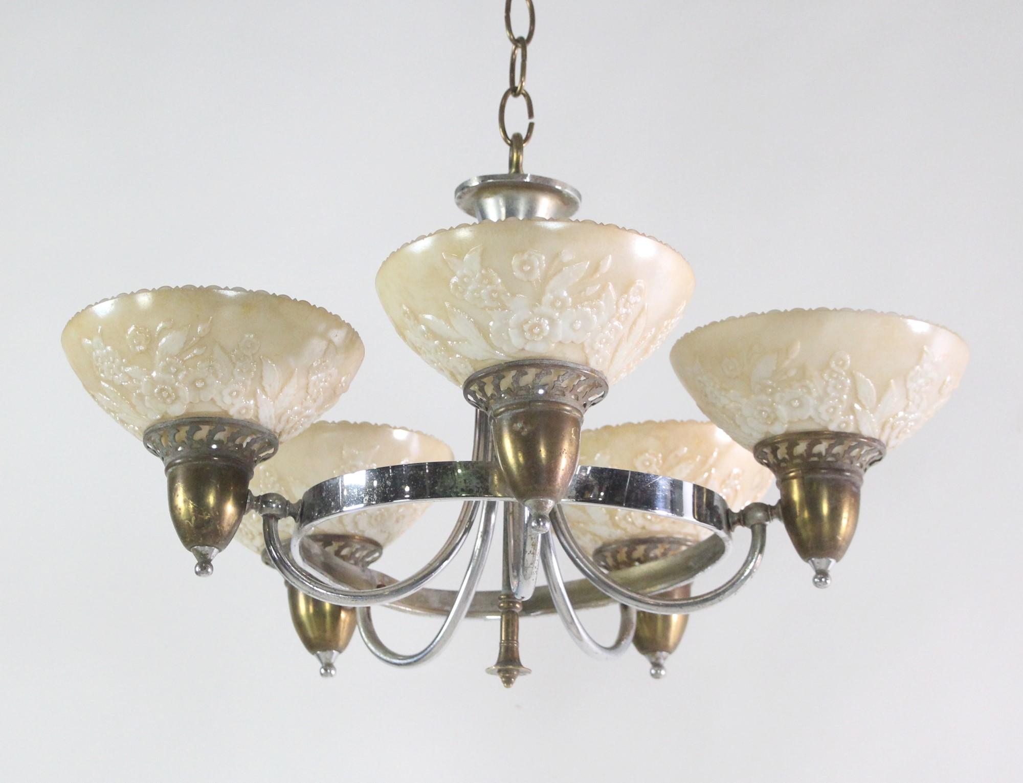 American Nickel Brass Art Deco 5 Light Chandelier Floral Glass Shades For Sale