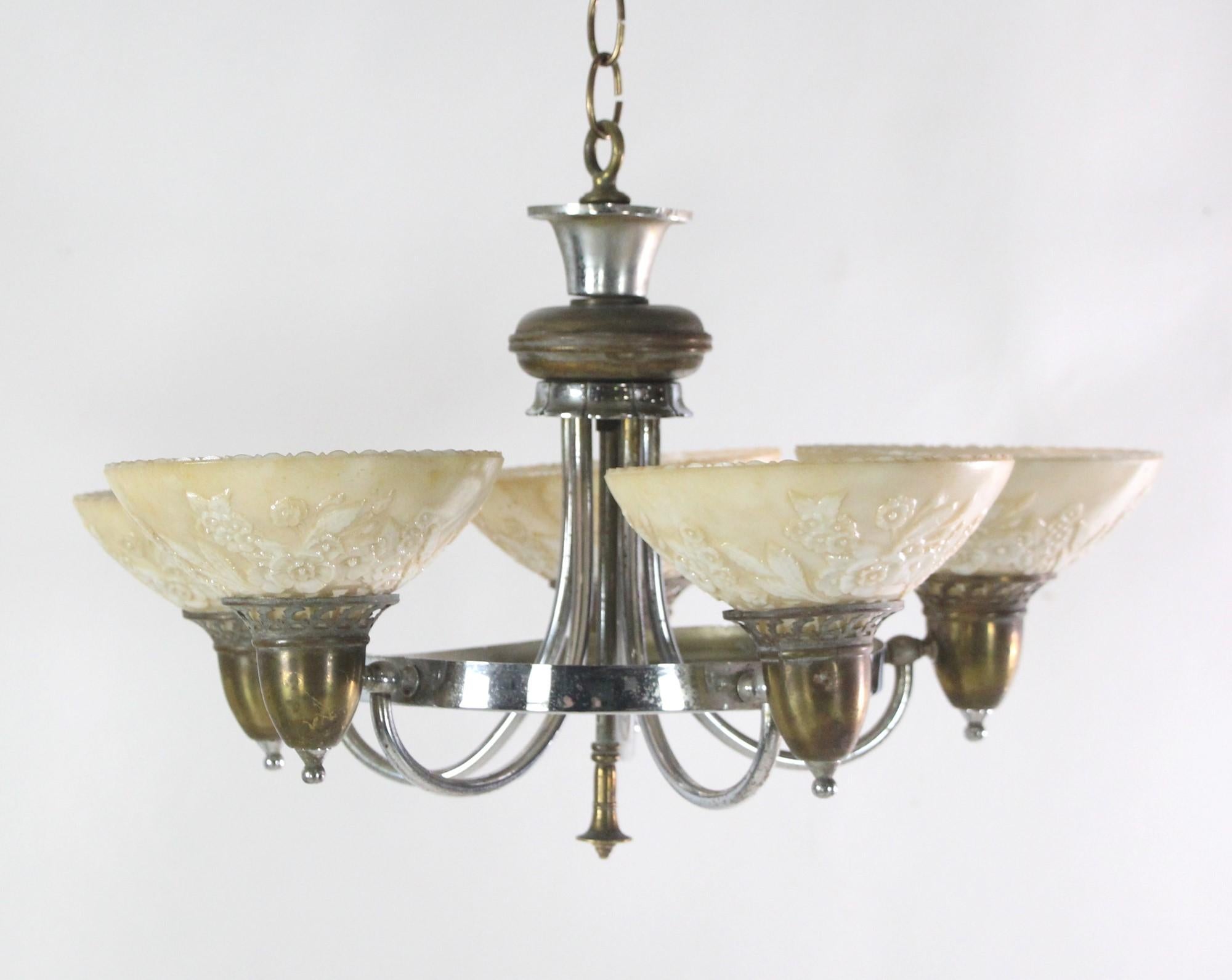 Nickel Brass Art Deco 5 Light Chandelier Floral Glass Shades In Good Condition For Sale In New York, NY