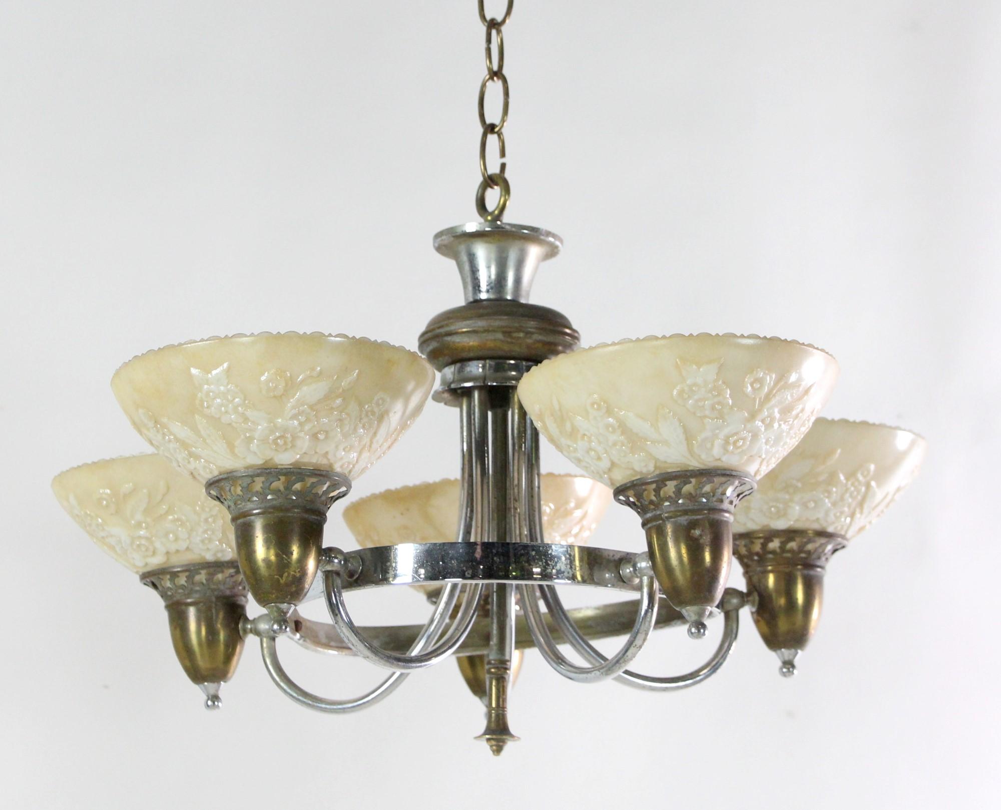 Mid-20th Century Nickel Brass Art Deco 5 Light Chandelier Floral Glass Shades For Sale