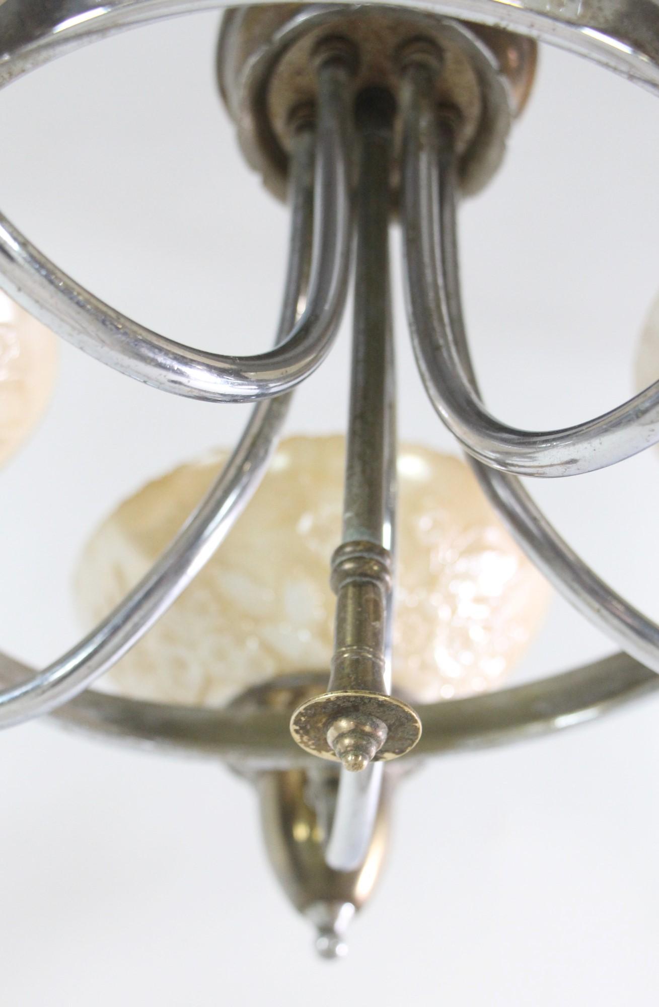 Nickel Brass Art Deco 5 Light Chandelier Floral Glass Shades For Sale 4