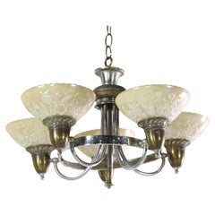 Vintage Nickel & Brass Art Deco 5-Light Chandelier with Floral Glass Shades