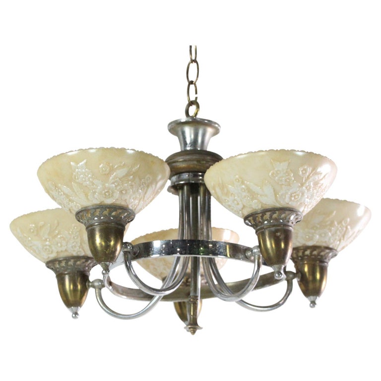 Nickel and Brass Art Deco 5Light Chandelier with Floral Glass Shades