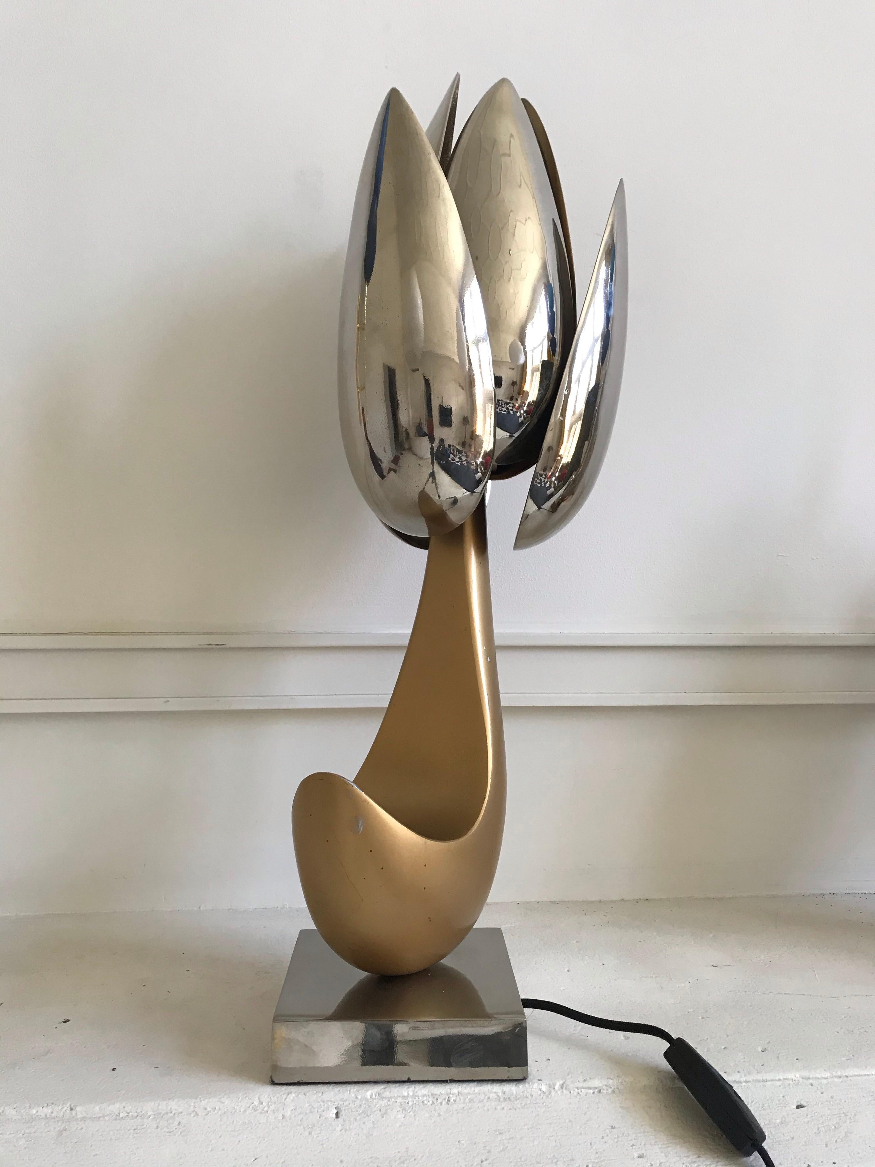 Brass and nickel-plated bronze table lamp by Michel Dumas for Maison Charles in the form of an abstract three petaled flower on a square polished nickel base.