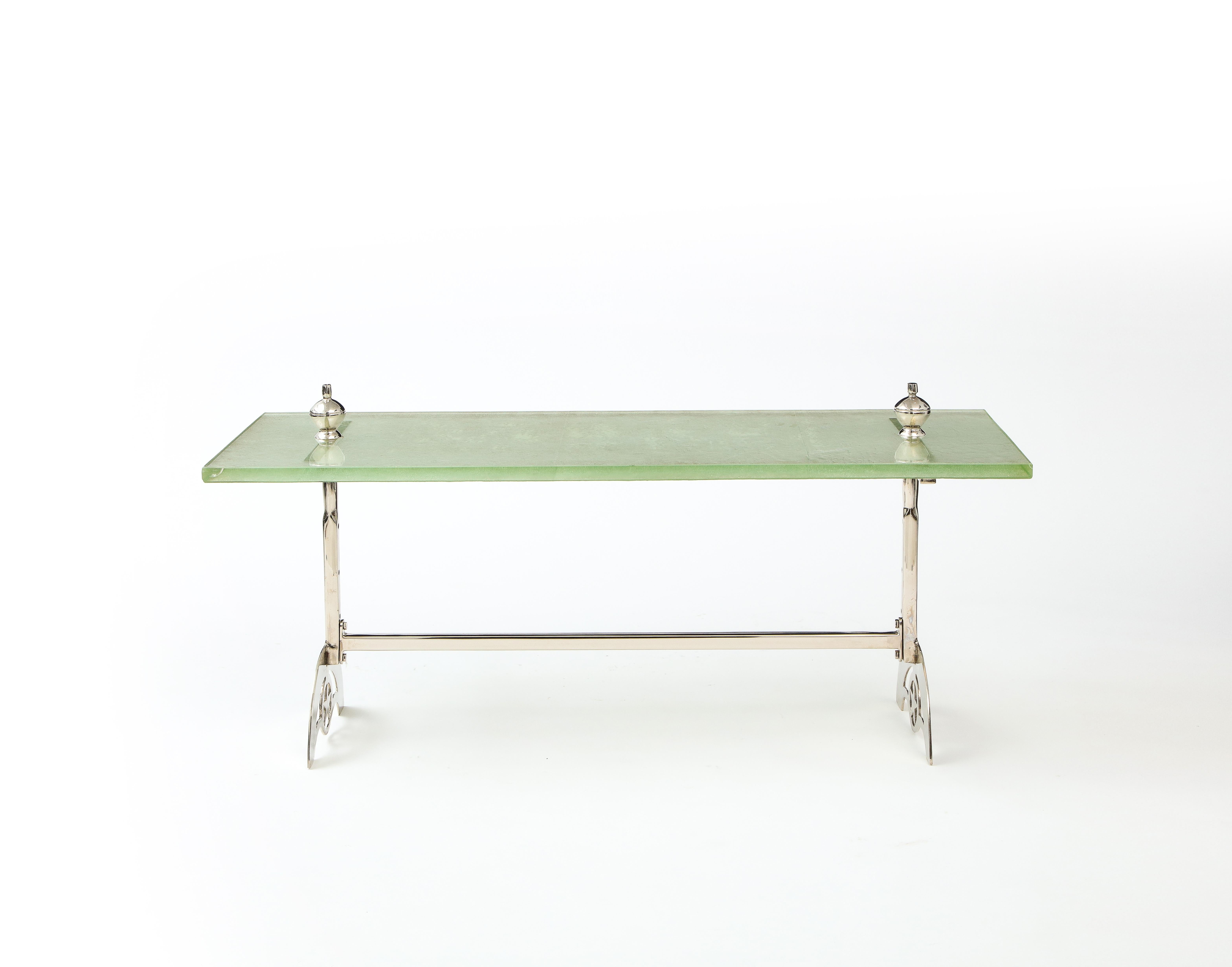 Mid-Century Modern Nickel Cocktail Coffee Table with Saint Gobain Cast Glass Top, France, 1960's