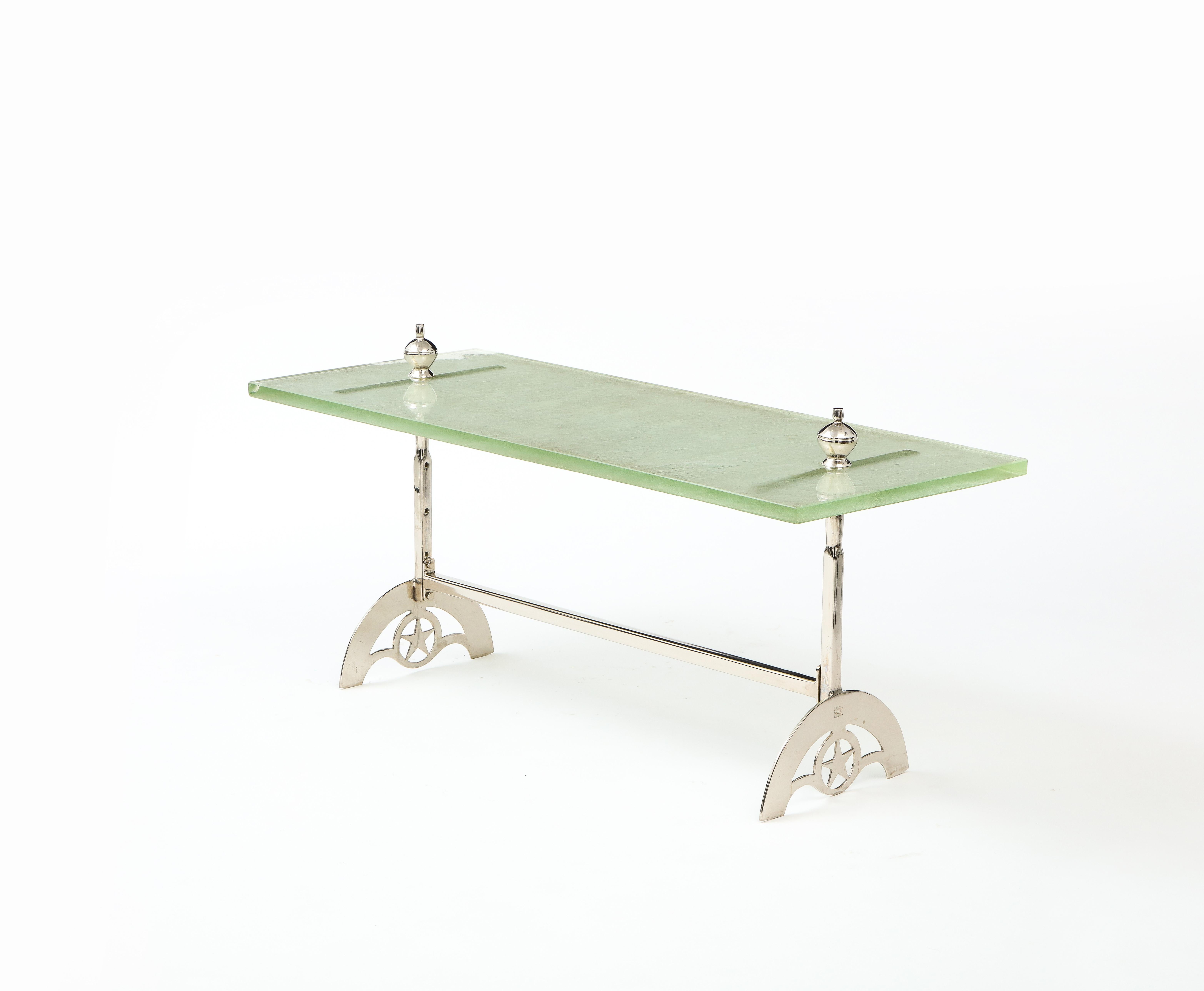 Nickel Cocktail Coffee Table with Saint Gobain Cast Glass Top, France, 1960's 3