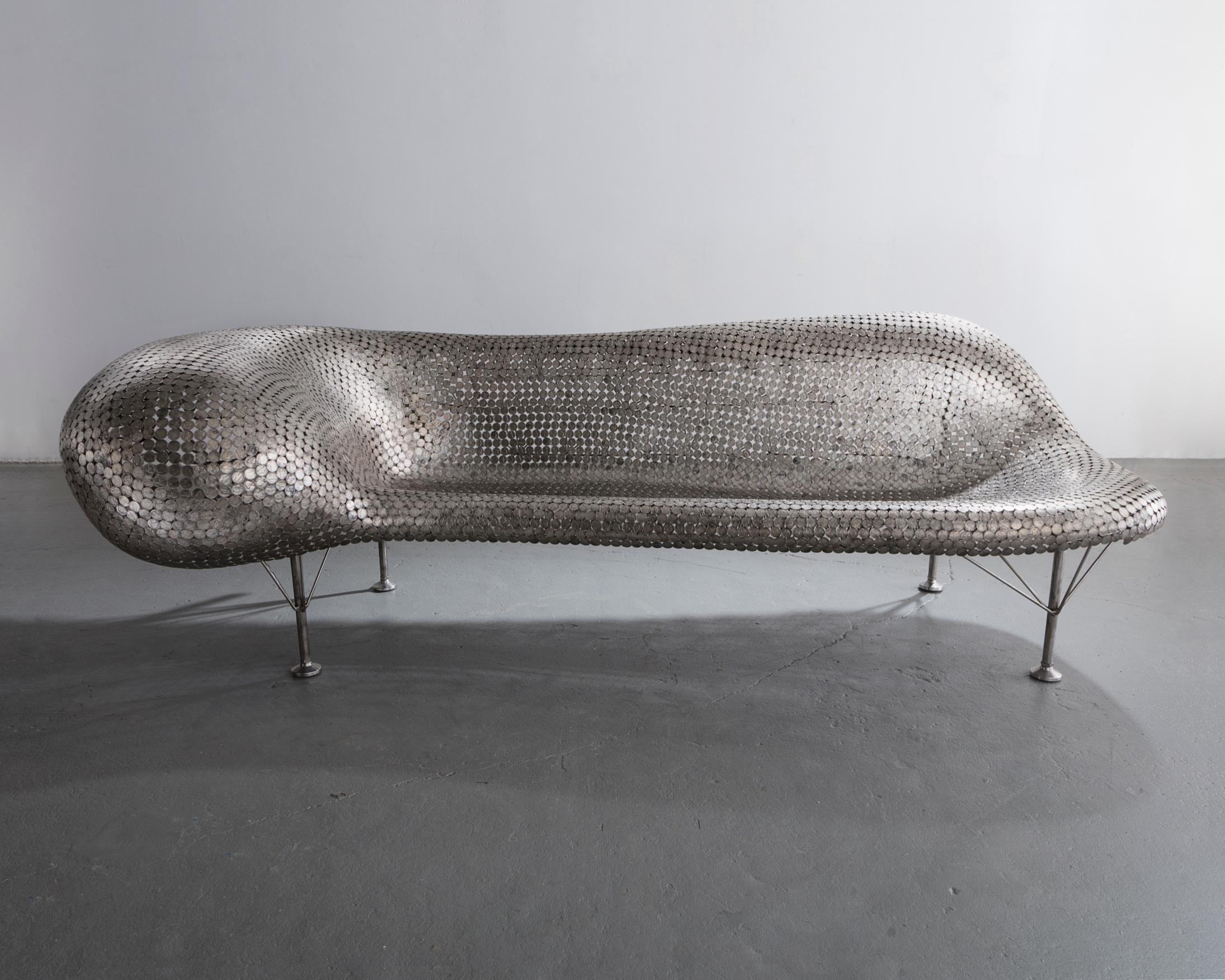 Available for custom order. Nickel couch in welded nickels and stainless steel. Made by Johnny Swing, USA. 