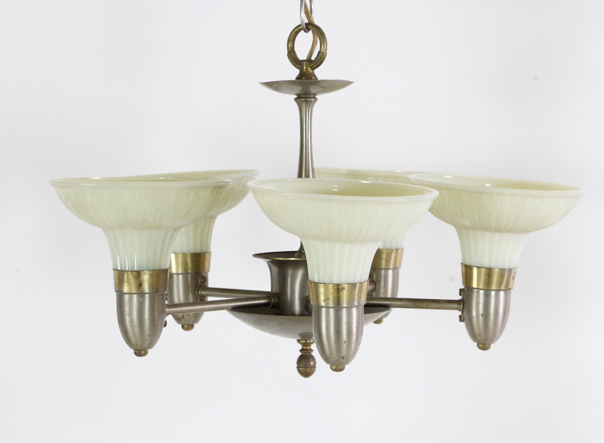 American Nickel Finish Art Deco Off White Slip Shade Chandelier Pendant Light