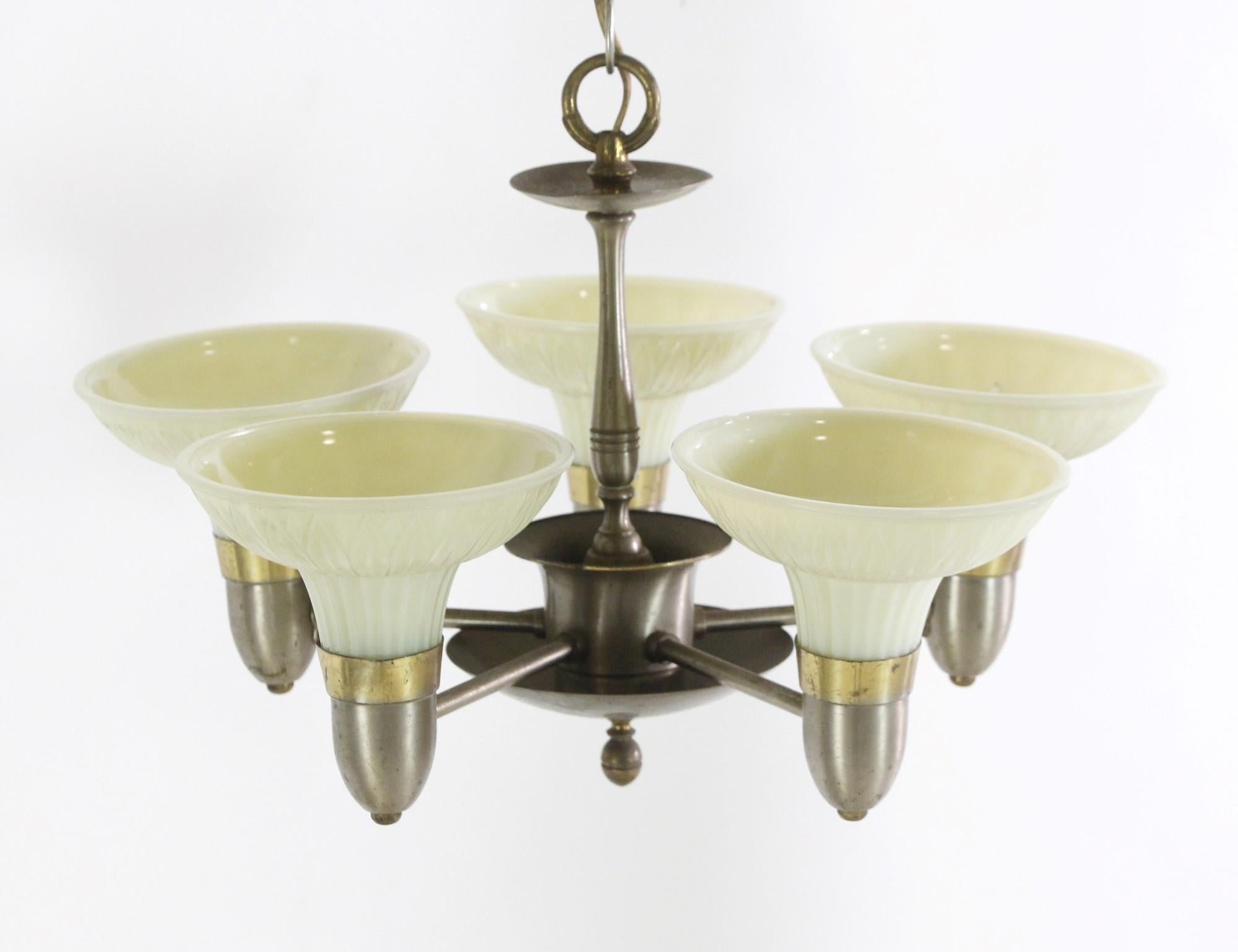 Nickel Finish Art Deco Off White Slip Shade Chandelier Pendant Light In Good Condition In New York, NY