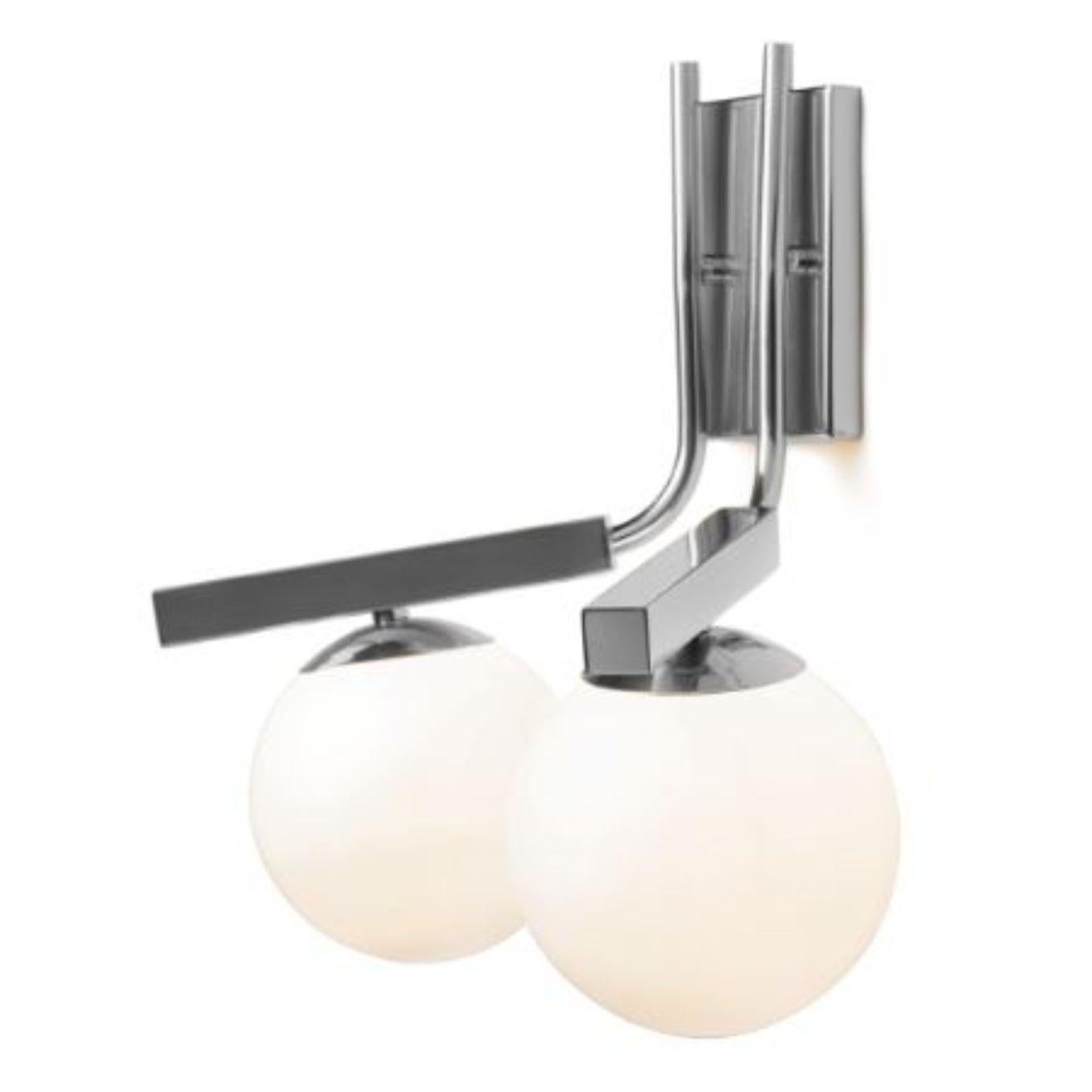 Nickel globe wall I lamp by Dooq
Dimensions: W 36 x D 33 x H 41 cm
Materials: lacquered metal, polished or brushed metal, nickel.
Also available in different colours and materials.

Information:
230V/50Hz
2 x max. G9
4W LED

120V/60Hz
2 x max. G9
4W