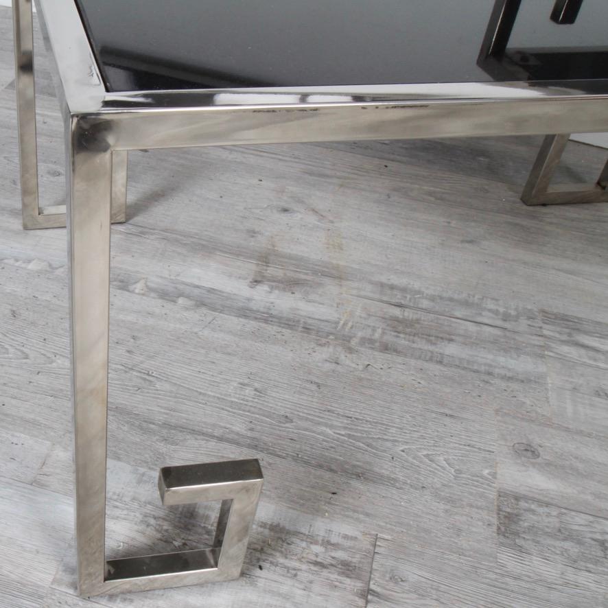 Polished Nickel & Granite Greek Key Two Tier Side Table by Global Views For Sale