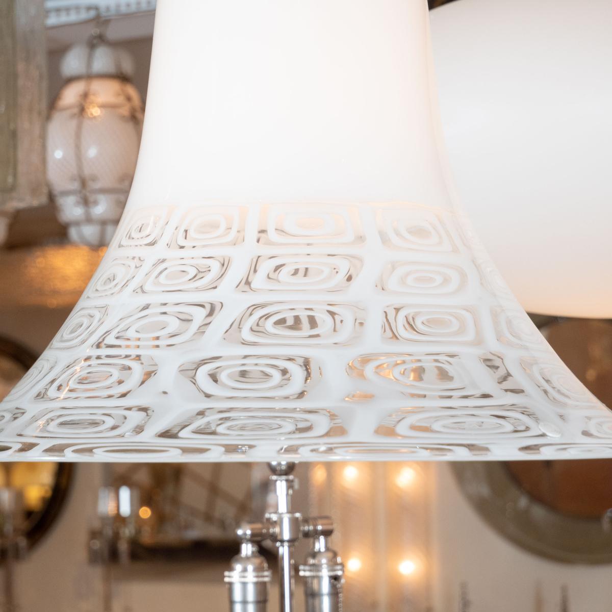 Mid-Century Modern Nickel Pendant Fixture with Patterned Glass Shade For Sale