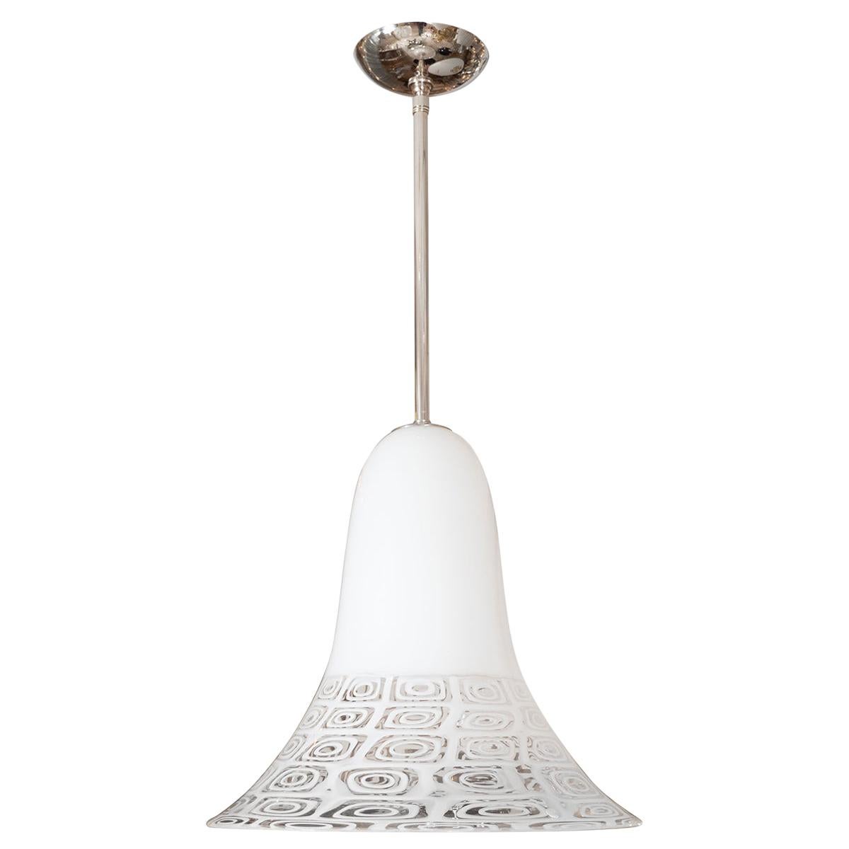 Nickel Pendant Fixture with Patterned Glass Shade For Sale