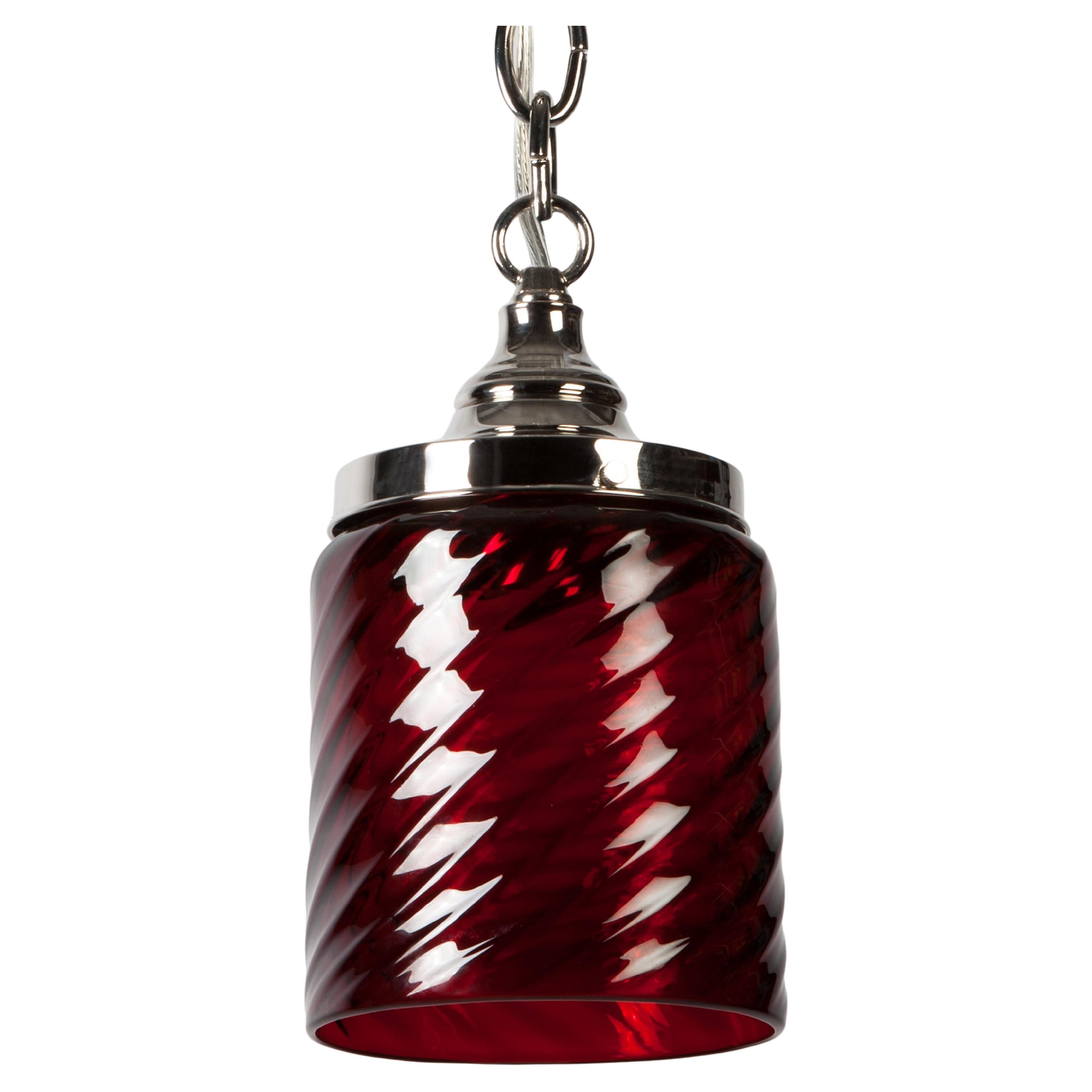 Nickel Pendant with Red Hand Blown Swirl Patterned Glass Cylinder, Circa 1900s For Sale