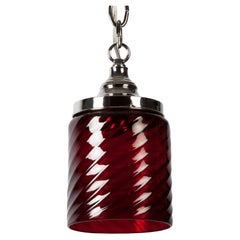 Nickel Pendant with Red Hand Blown Swirl Patterned Glass Cylinder, Circa 1900s