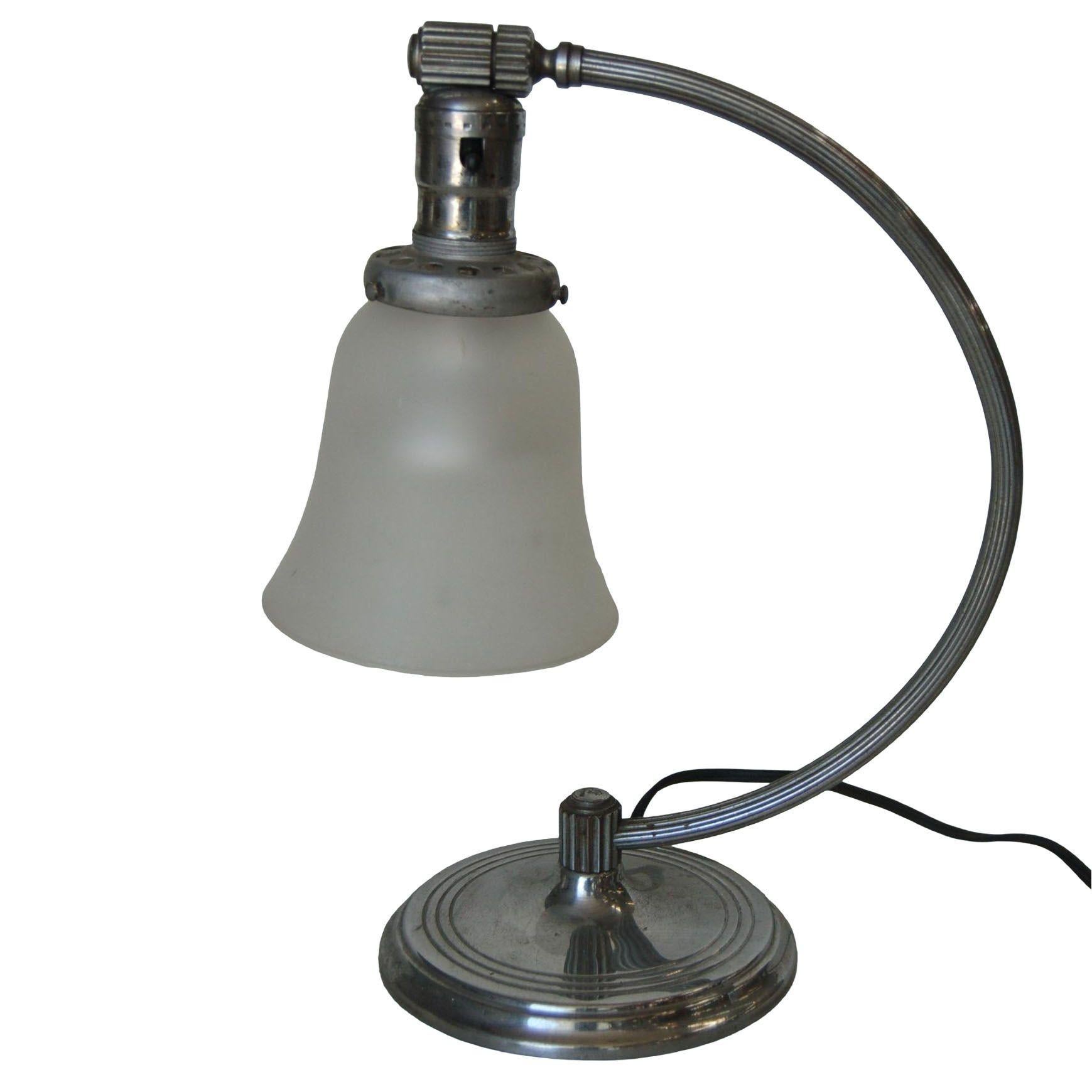 1930s polished nickel-plated accent reading table lamp with frosted glass. Measures 10