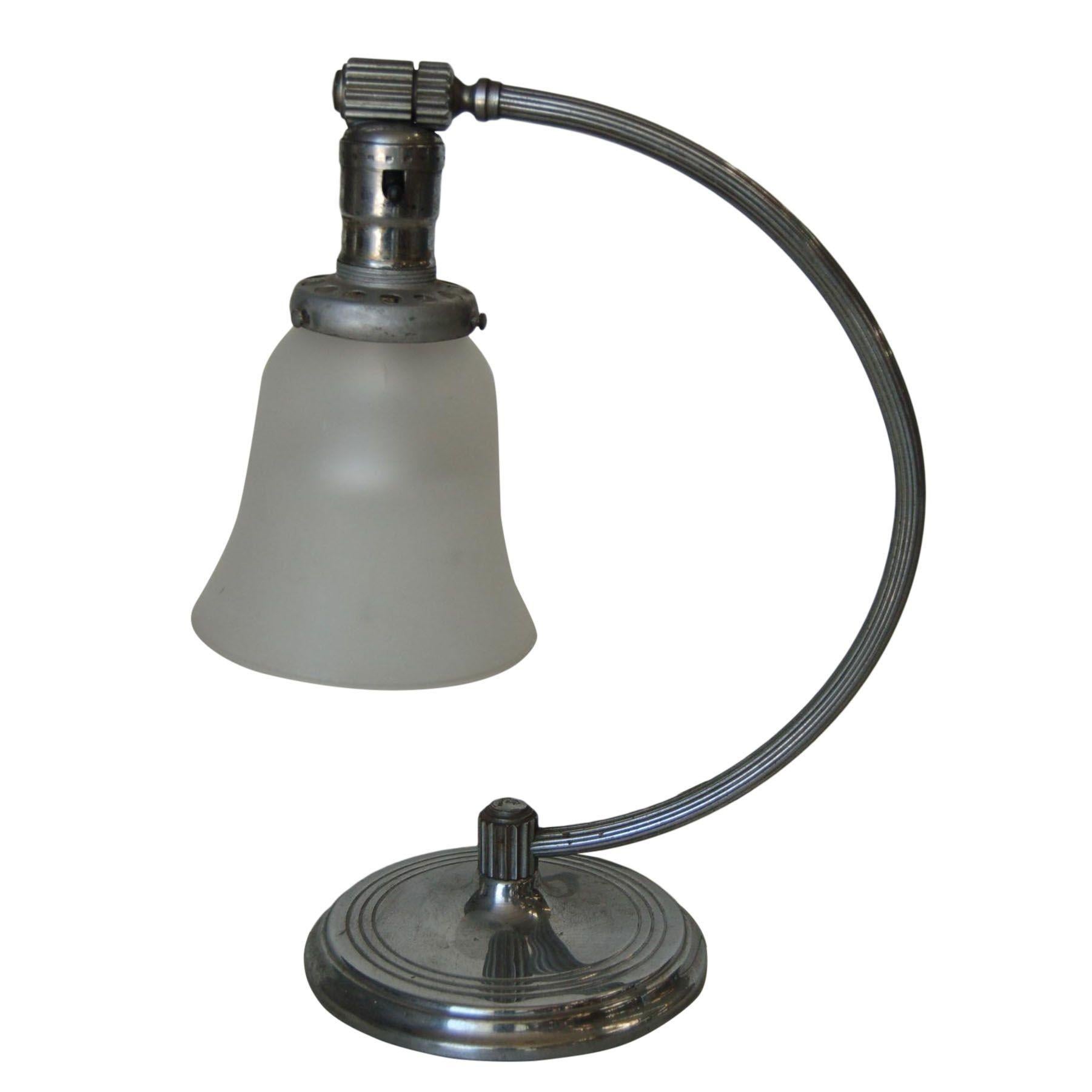 Mid-20th Century Nickel-Plated Accent Table Lamp with Frosted Bell Lamp Shade For Sale