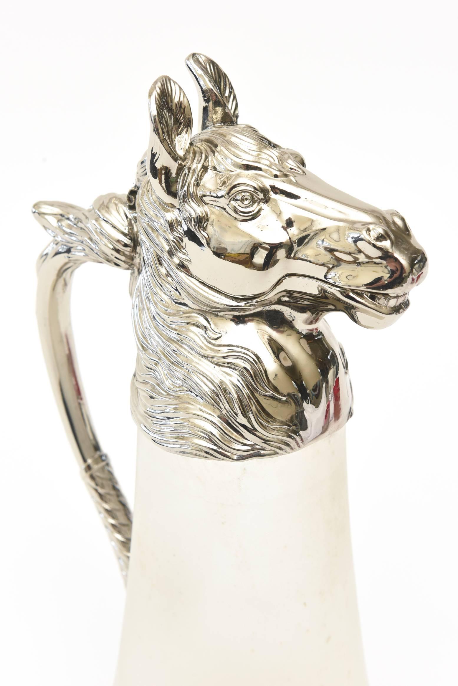 Organique Nickel-Plated and Frosted Glass Horse Decanter Pitcher Barware Vintage en vente