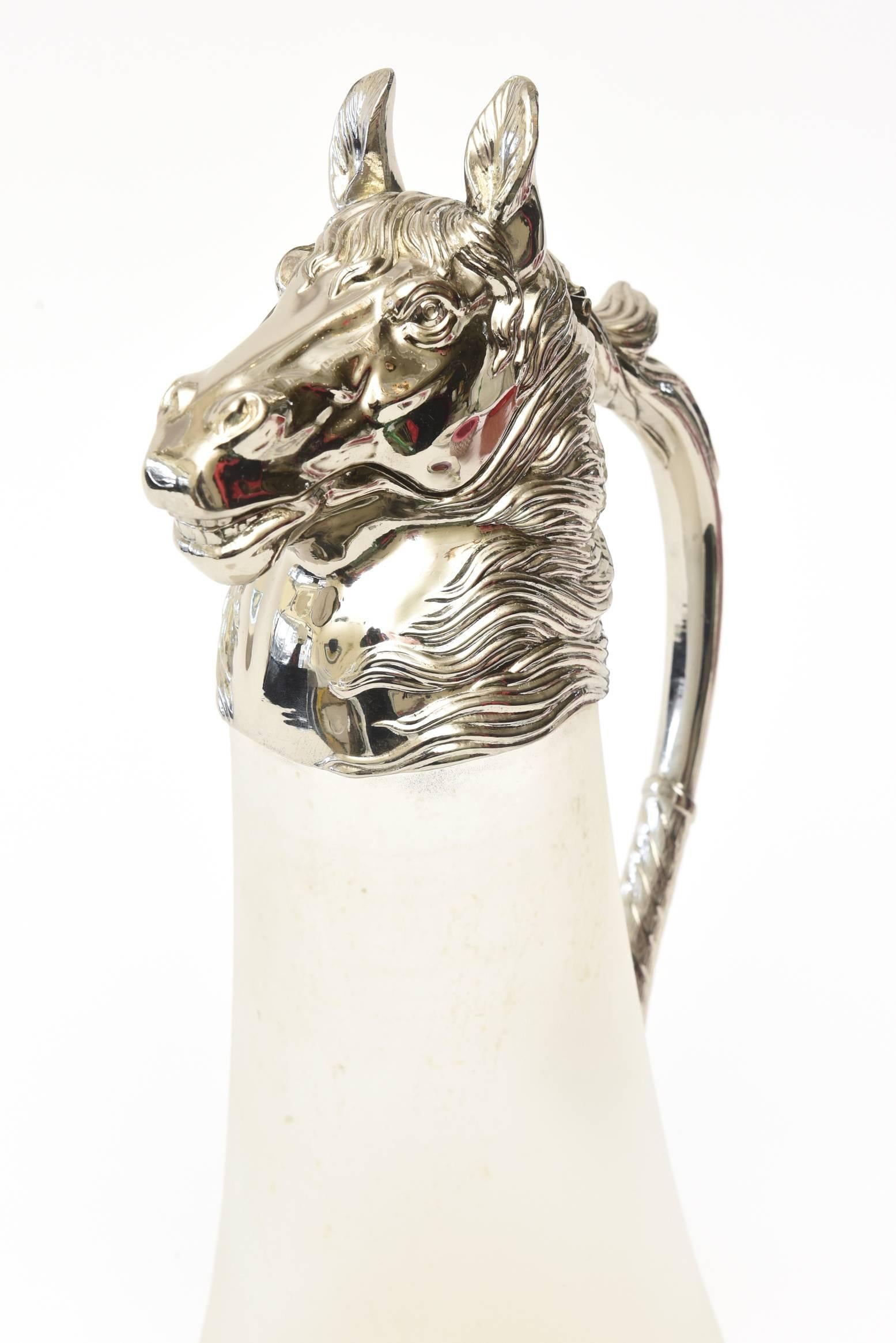 Late 20th Century Nickel-Plated and Frosted Glass Horse Decanter Pitcher Barware Vintage For Sale