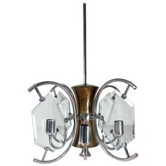 Nickel-Plated Art Deco Chandelier of Walnut with Cut Glass Panels, 1930s